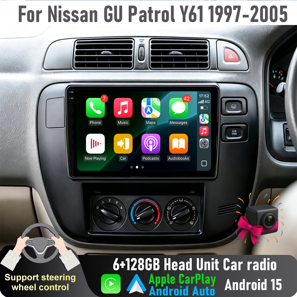 9'' Wireless CarPlay Auto Head Unit Car radio For Nissan GU Patrol Y61 1997-2005