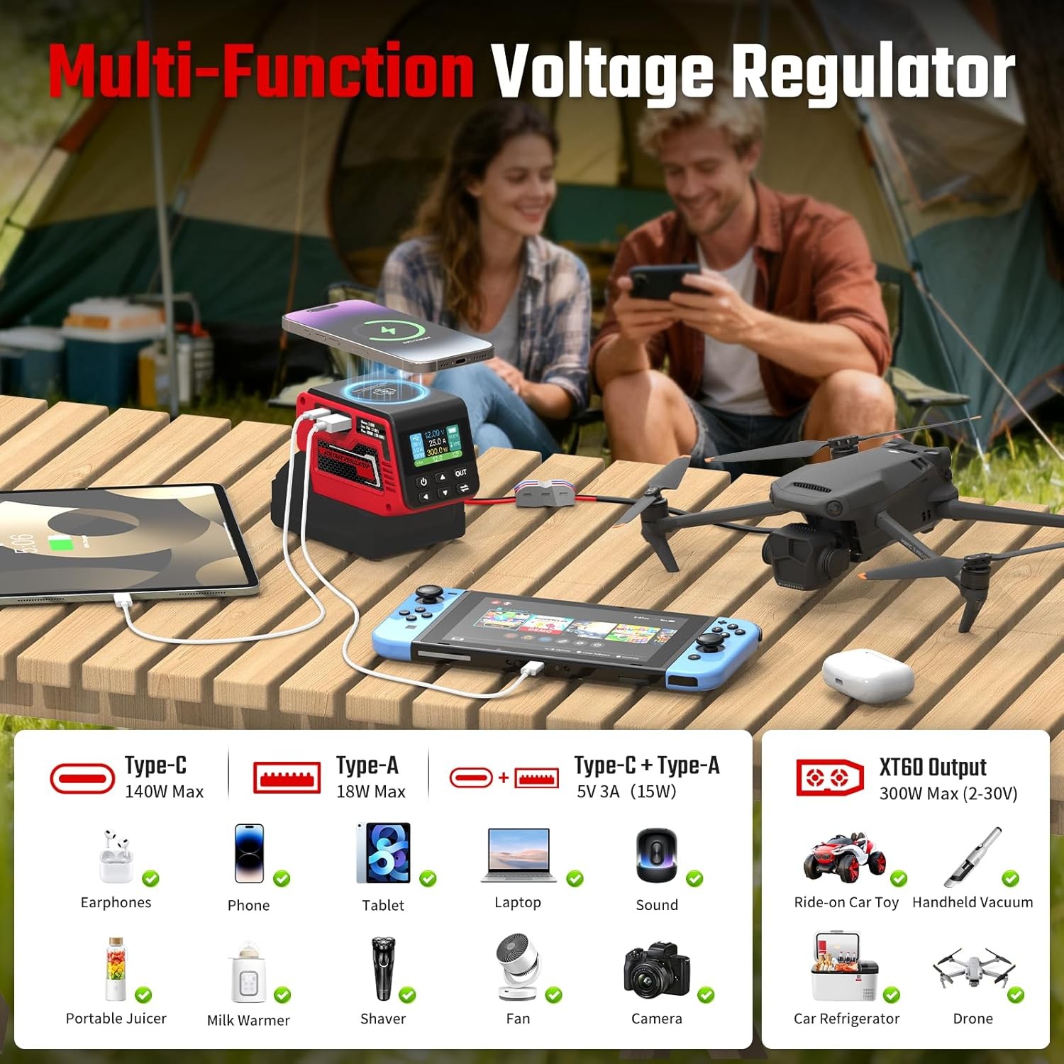 18V Battery Adjustable Voltage Regulator 300W Hisecren Wireless 2-30V Compatible