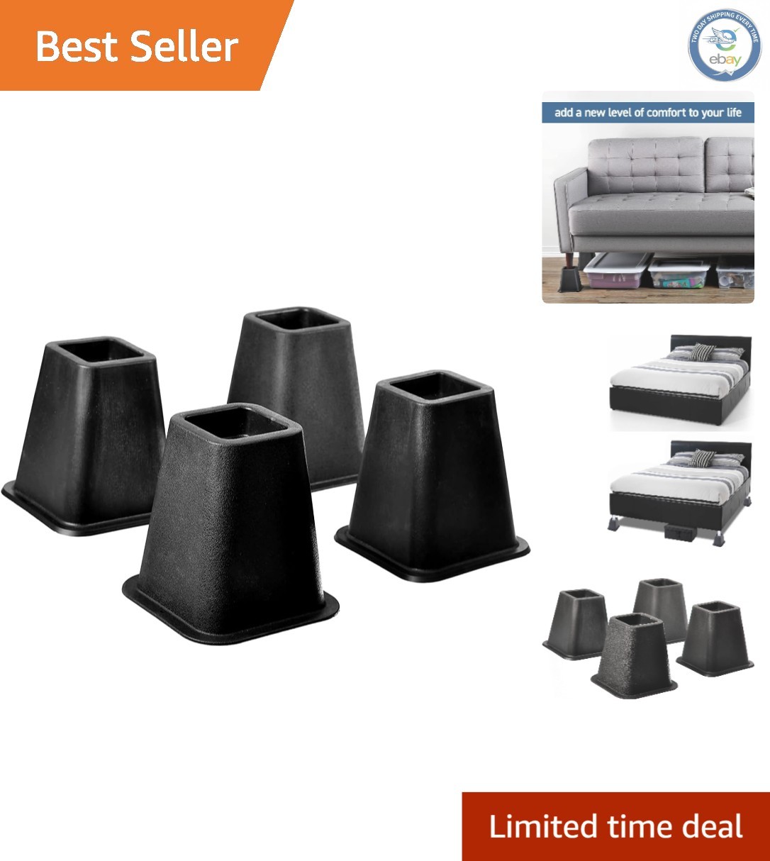 Maximize Space with 5.25-Inch Black Bed Risers - Ideal for Dorm Rooms (4-Pack)