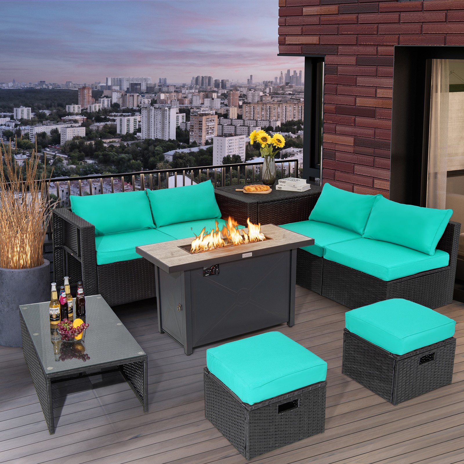 Patio 9PCS Rattan Furniture Set Space Saving 42” Fire Pit Table Cover Turquoise