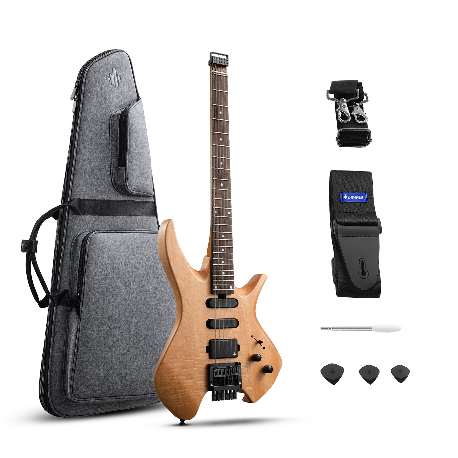 🎸 Donner HLX-500 Headless Electric Guitar HSS Pickups + Gig Bag Strap | Natural