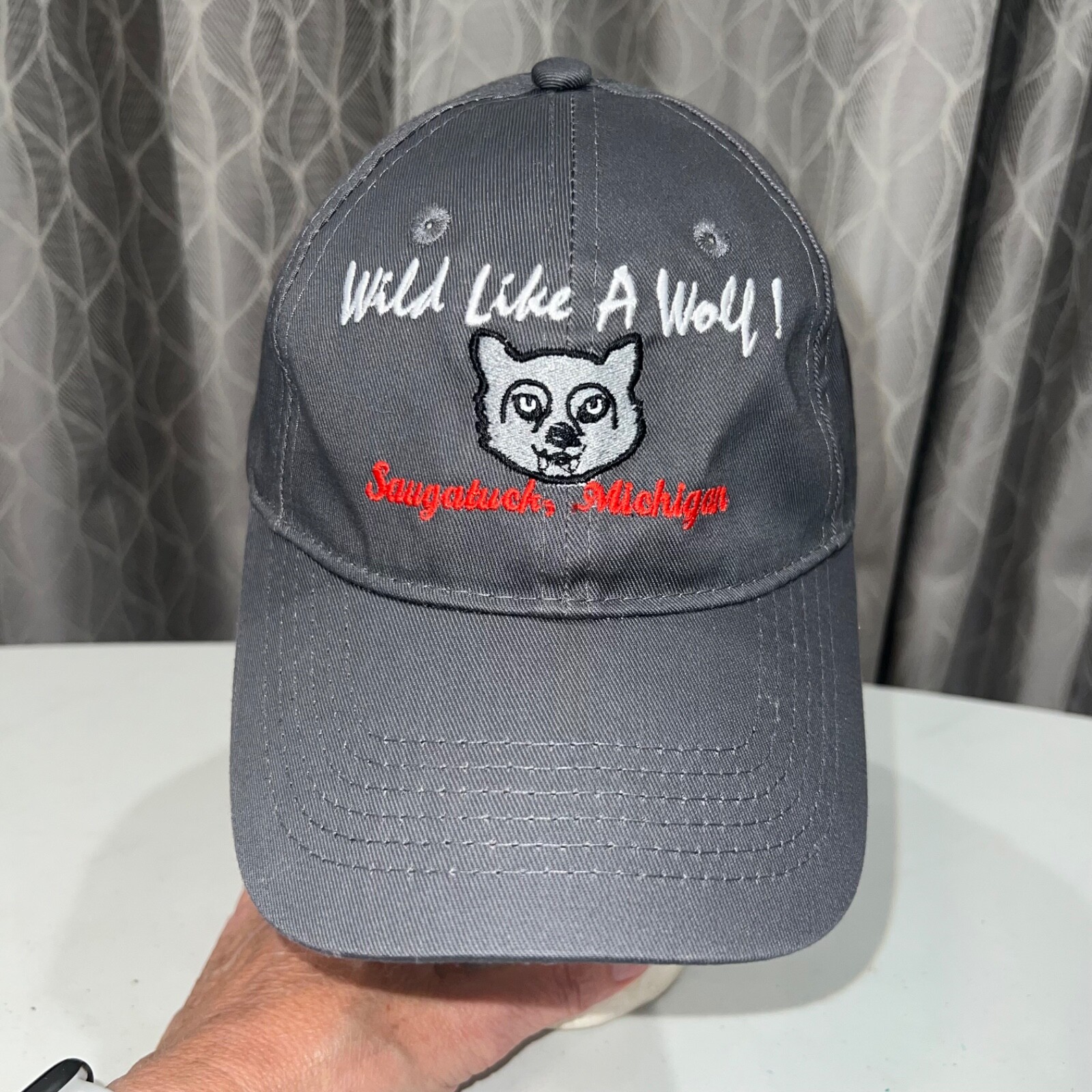 Sagatuck Michigan Wild like a Wolf Gray Youth Hat Cap Hook Loop EUC