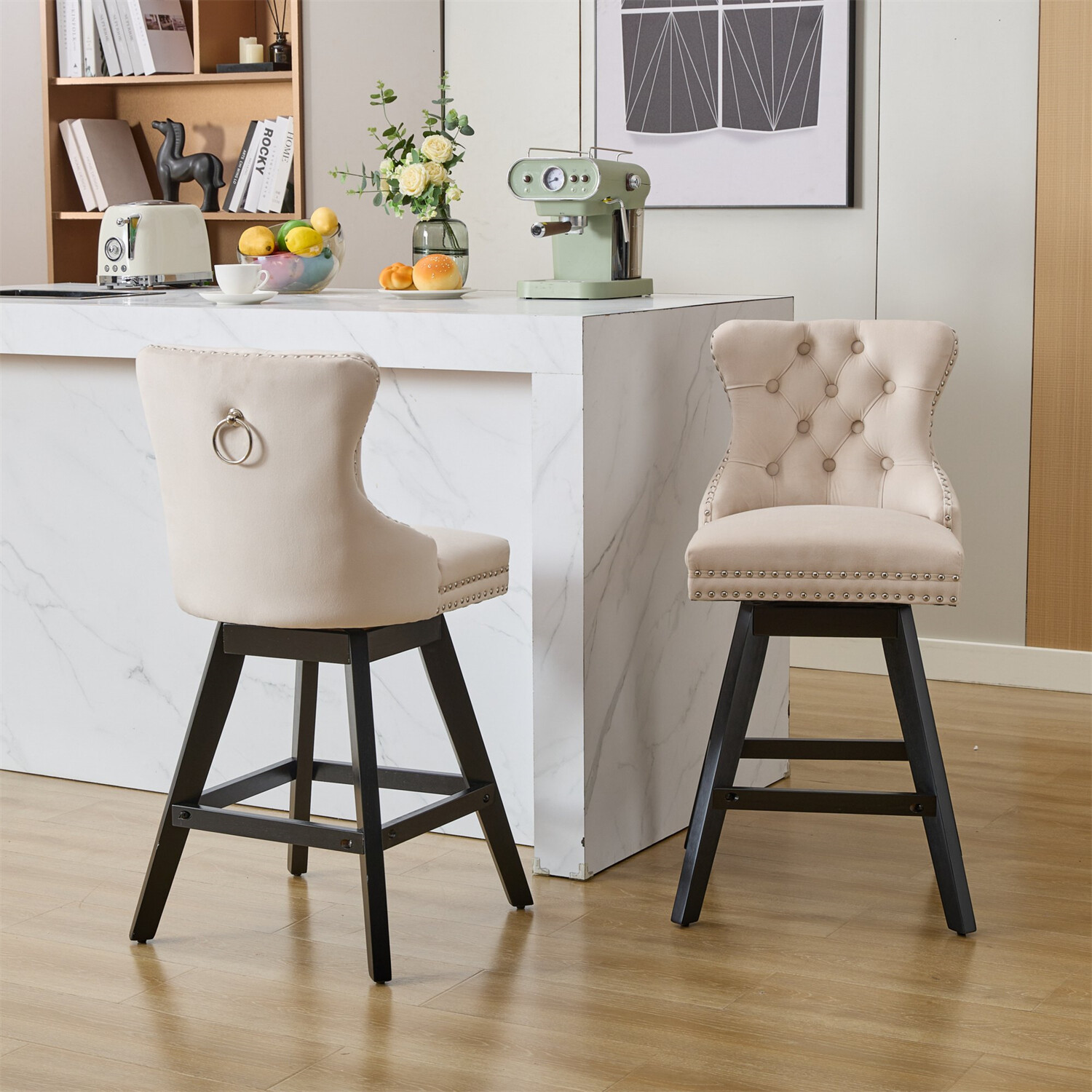 Set of 2 Swivel Velvet Bar Stools Bar Chair Counter Height Dining Chair