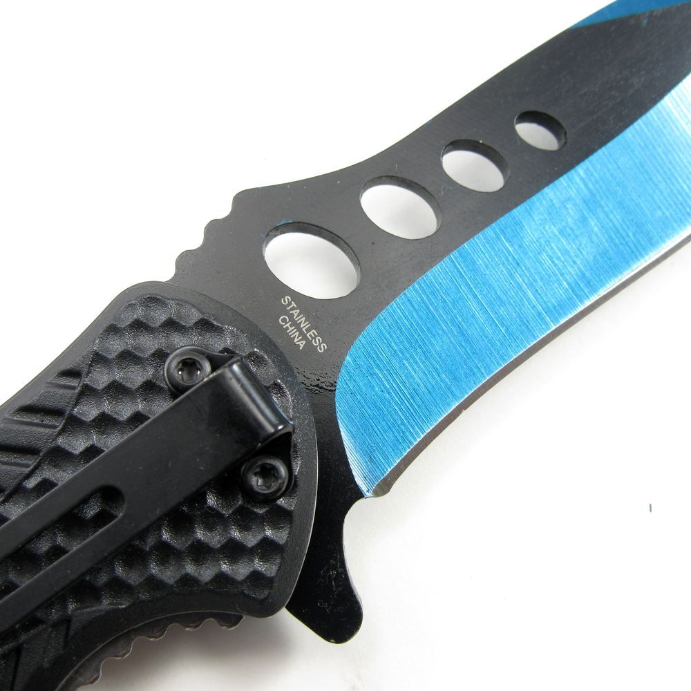 NEW Pocket Knife Spring-Assist Folding Blue Black Blade Camo Hunter Tactical EDC
