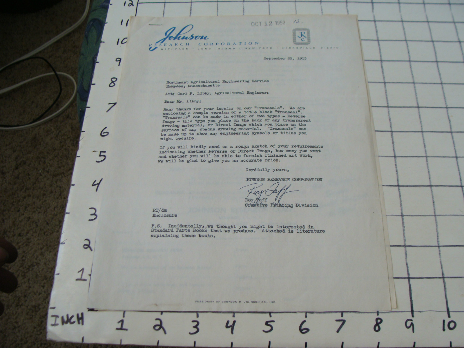 vintage Paper Ephemera: Johnson Research Corp. 1953 letter and price list