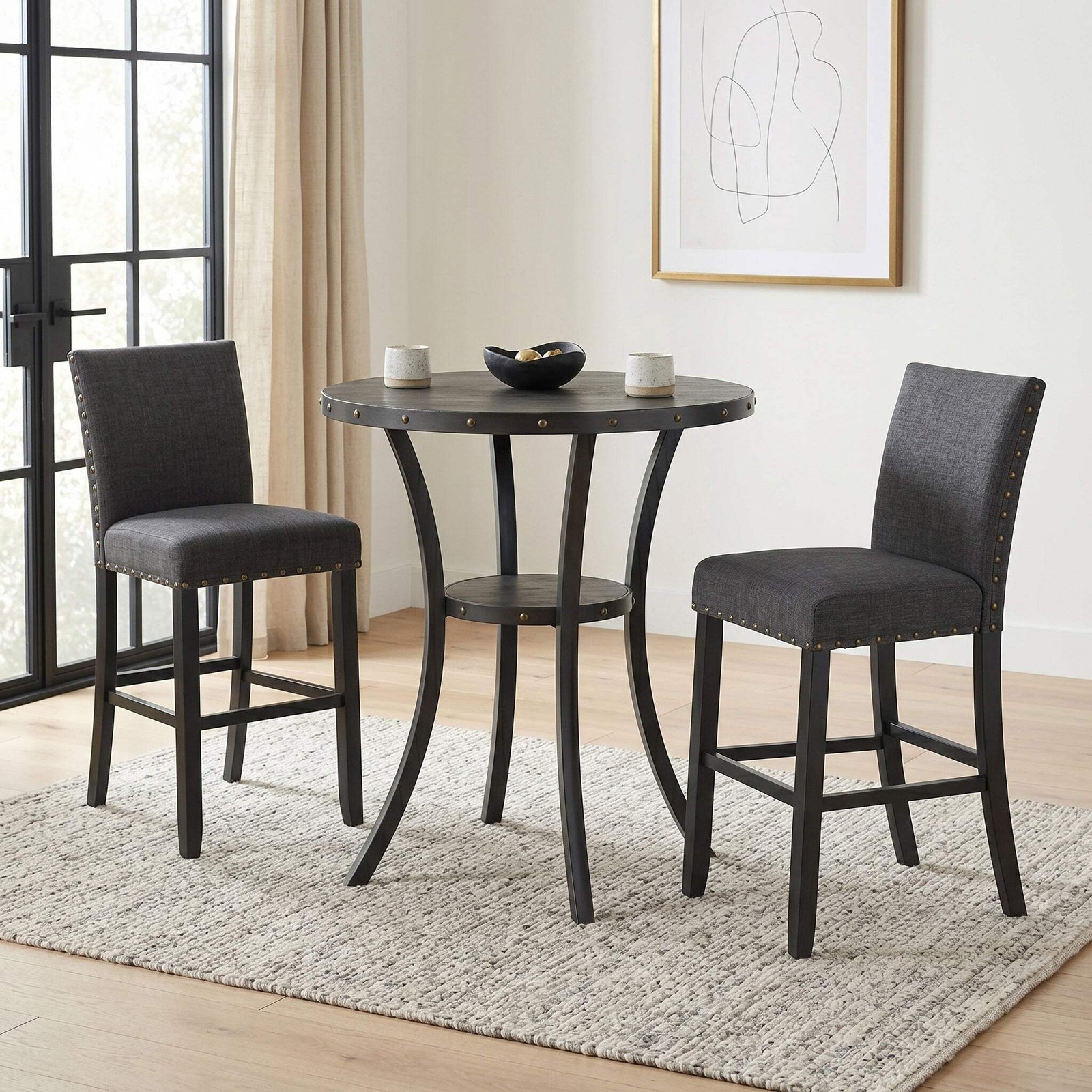 Biony 3-Piece 36" Round Espresso Finish Bar Table with 2 Gray Fabric Nail Head P