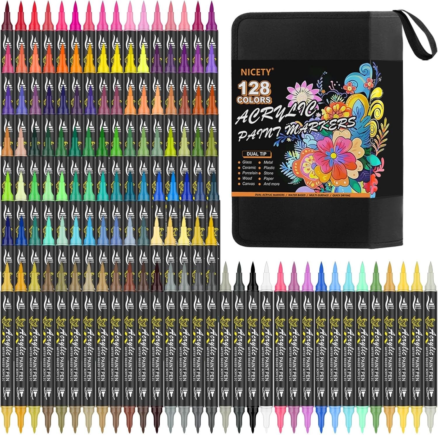 128 Acrylic Paint Markers, Dual Tip Brush Paint Pens for Rock Painting, Wood