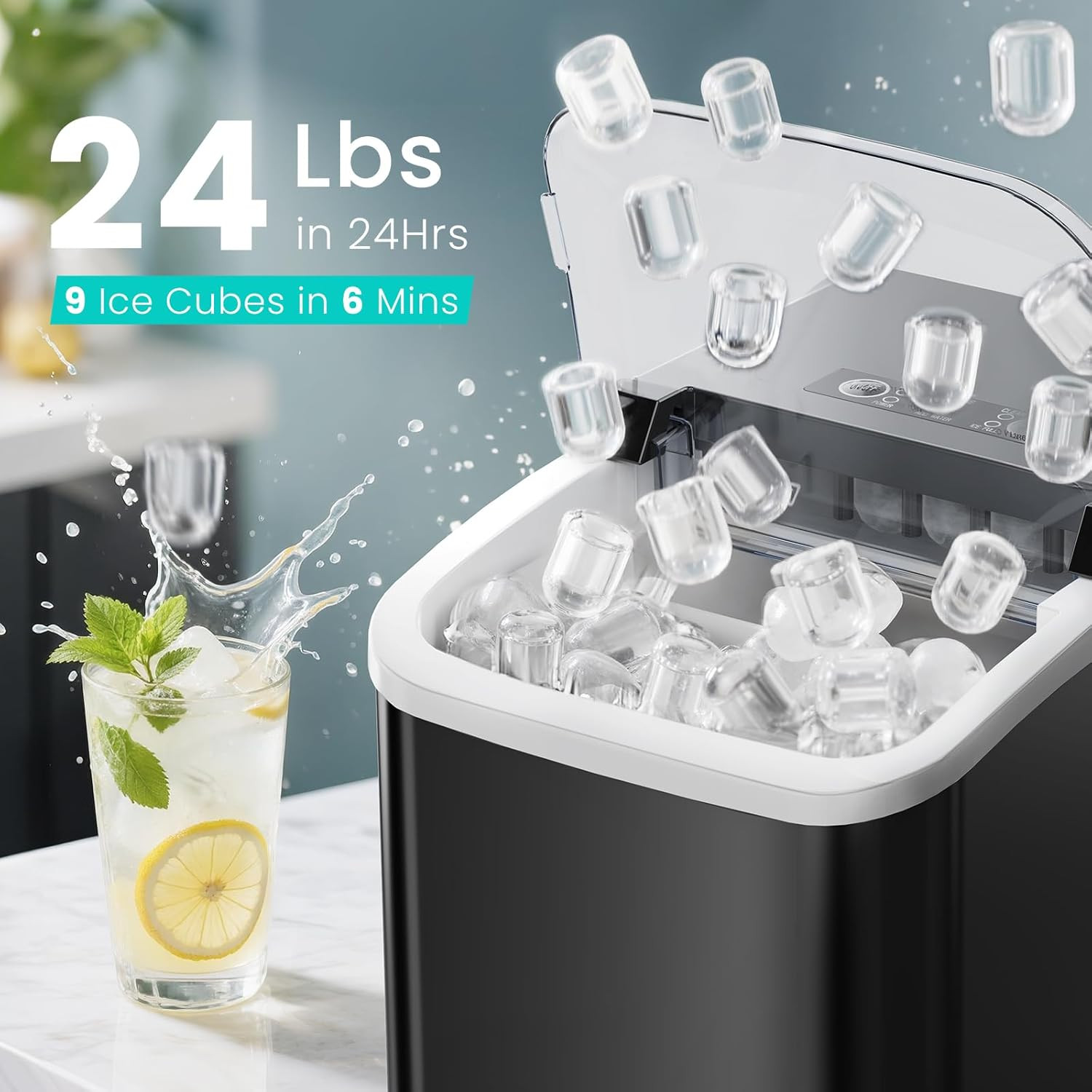 Ice Maker Machine with Handle,26Lbs in 24Hrs,9 Ice Cubes in 6 Mins,Auto-Cleaning