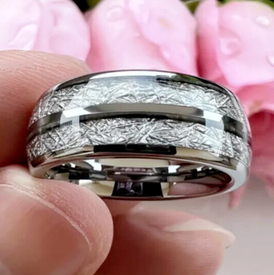 Men's 8mm Tungsten Carbide Gold/Silver Dual Meteorite Inlays Domed Wedding Band