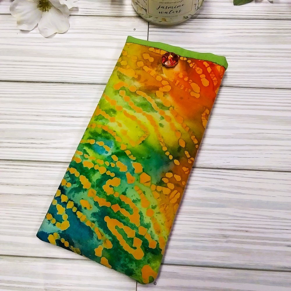 BATIK TIE DYE Eyeglass Readers Case/Pouch, Padded, Button Accent, Handmade