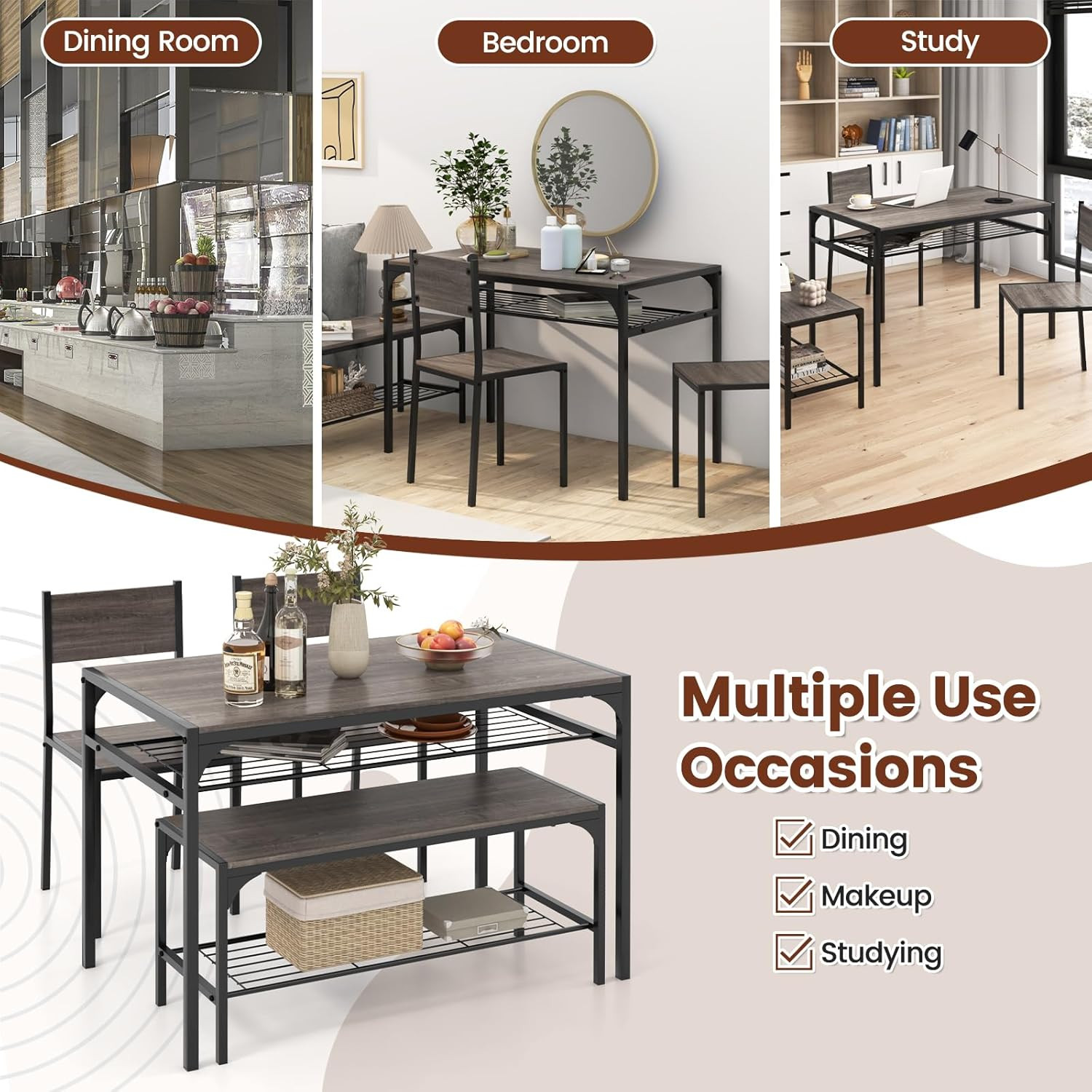 Compact 4-Piece Dining Set with Bench & Storage - Industrial Style (Black & Grey