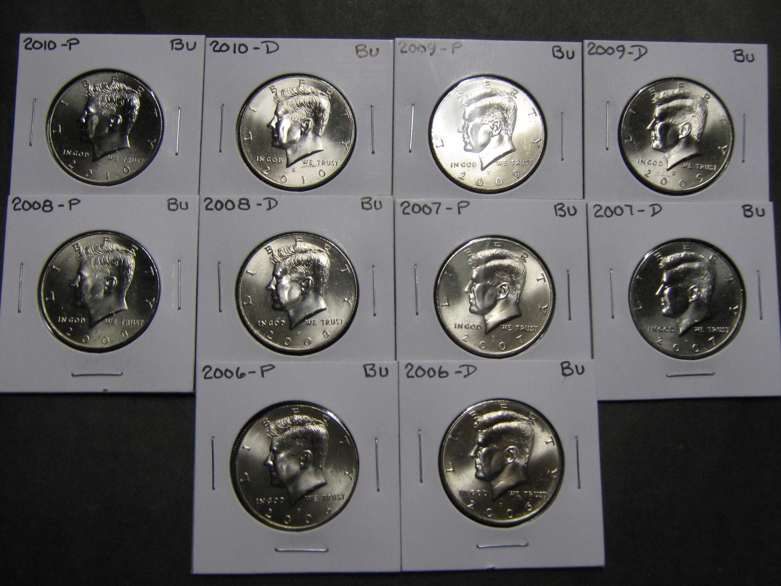 2006 2007 2008 2009 2010  P  D  KENNEDY HALF DOLLARS FROM MINT ROLLS (10 Coins)