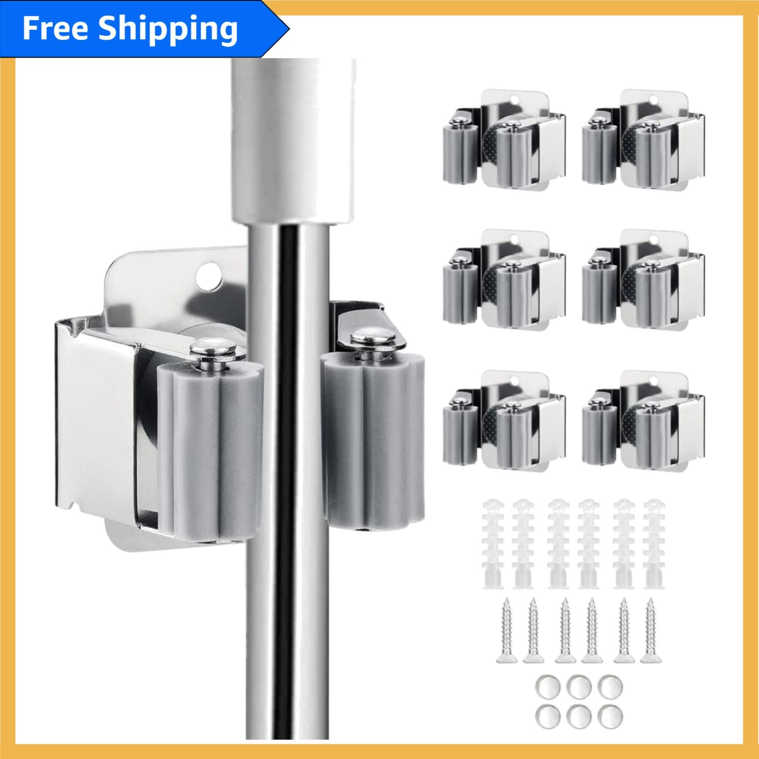 6-Piece Stainless Steel Broom and Mop Holder - Heavy Duty Garden Organizer