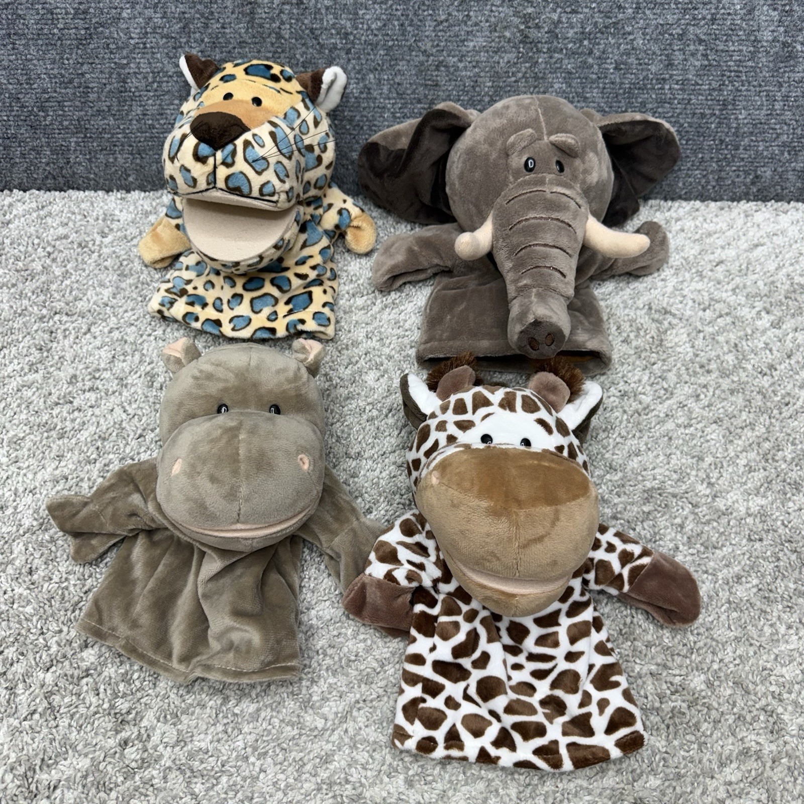 Plush Hand Puppets elephant Hippo Giraffe Leopard lot x4 pretend play toys dolls