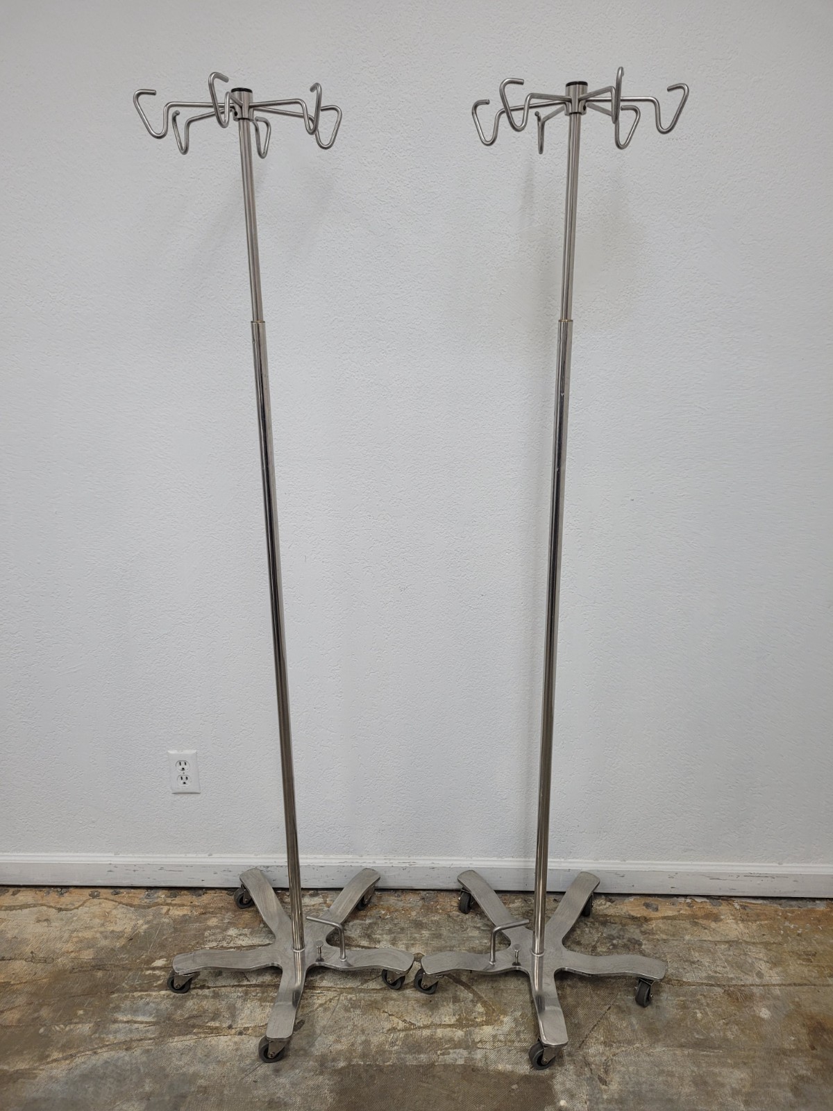 Lot of 2 Stainless Steal 5 legged 6 hooks iv stand with foot pedal 66"-100"