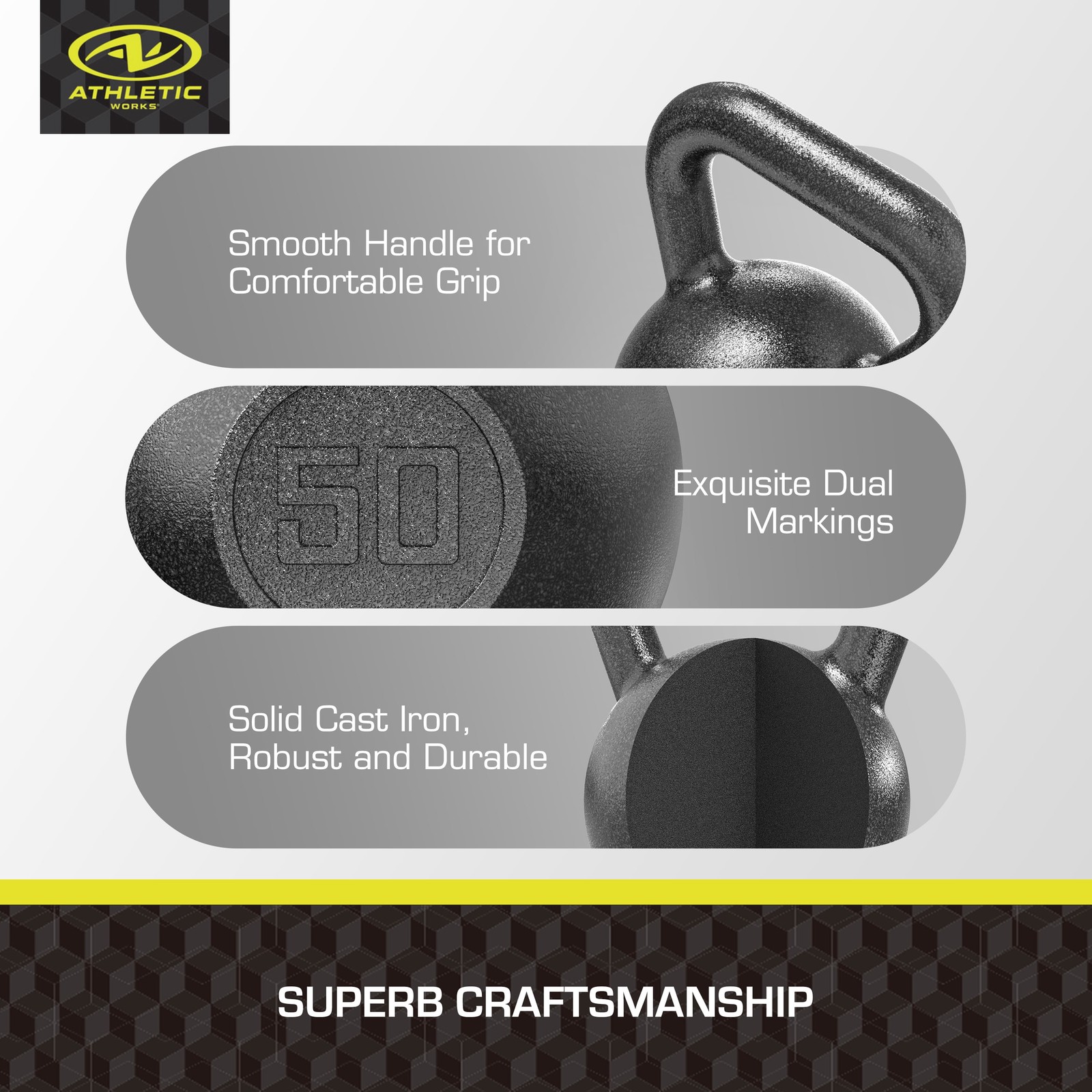 50lb Kettlebell Casting Iron Durable Black Hammertone Finish Black