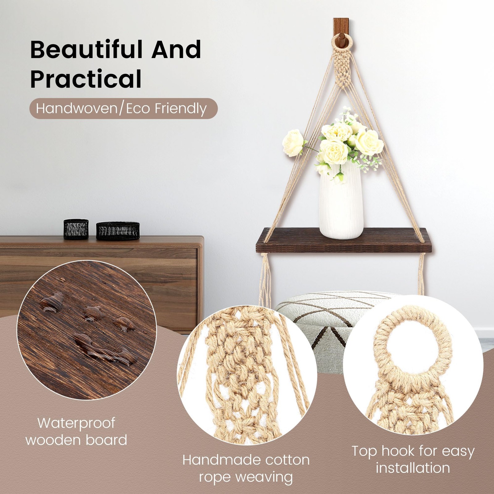 Boho Macrame Wall Decor 2 Pack Wood Wall Hanging Shelves, Storage Floating Sh...