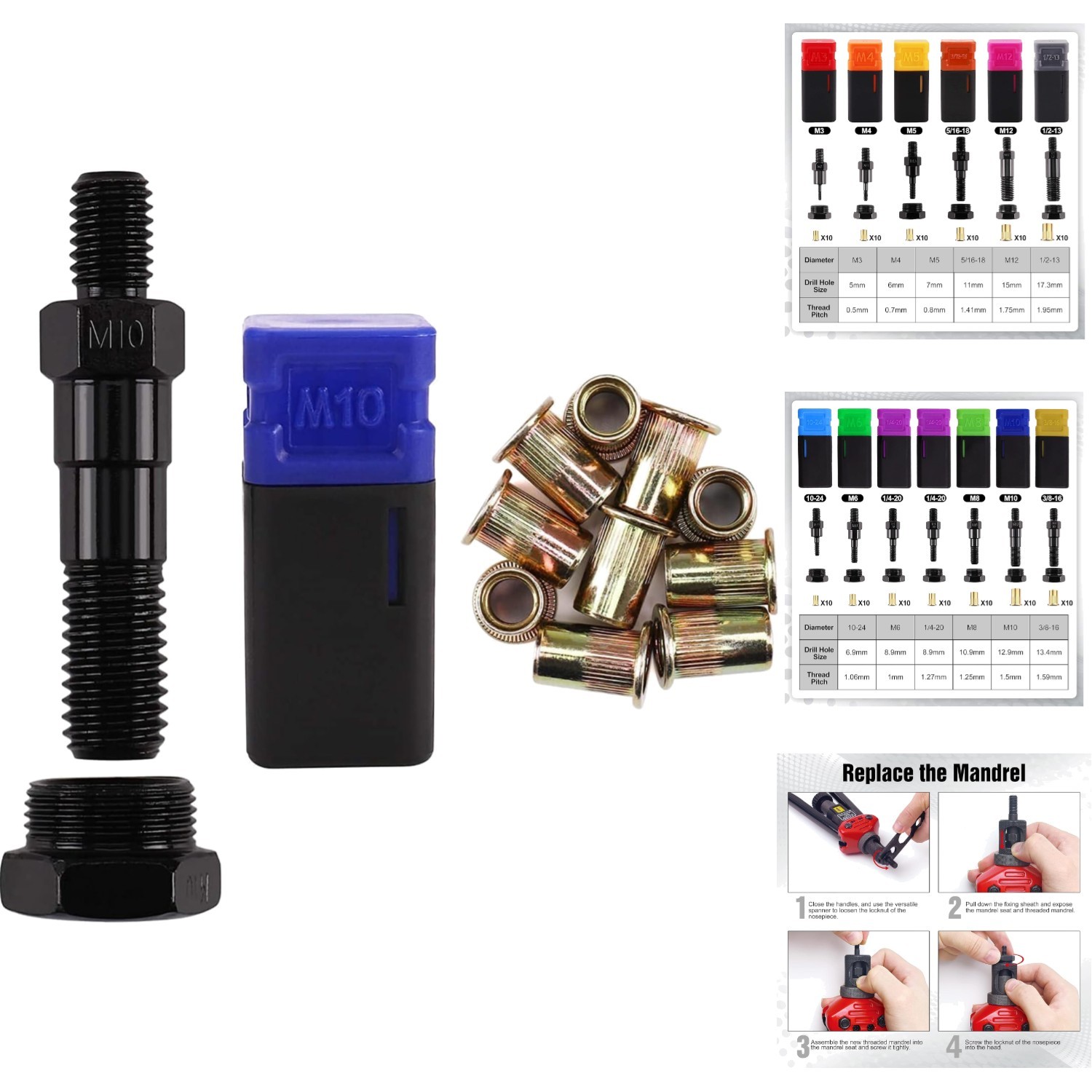 M10 Rivet Nut Tool Set with 10 Rivet Nuts & Mandrel, Heavy-Duty Aluminum & Steel