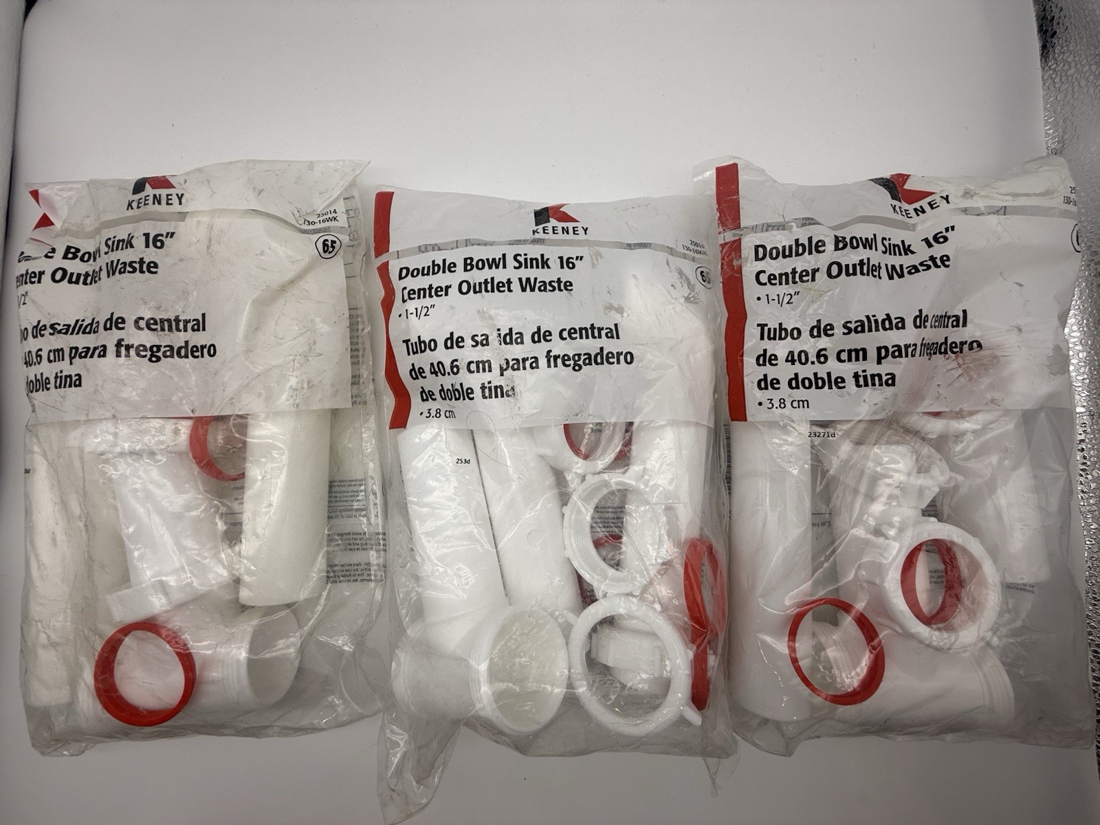 Lot Of 3 Keeney 1-1/2”x 16” White Double Bowl Sink Center Outlet Waste 130-16WK