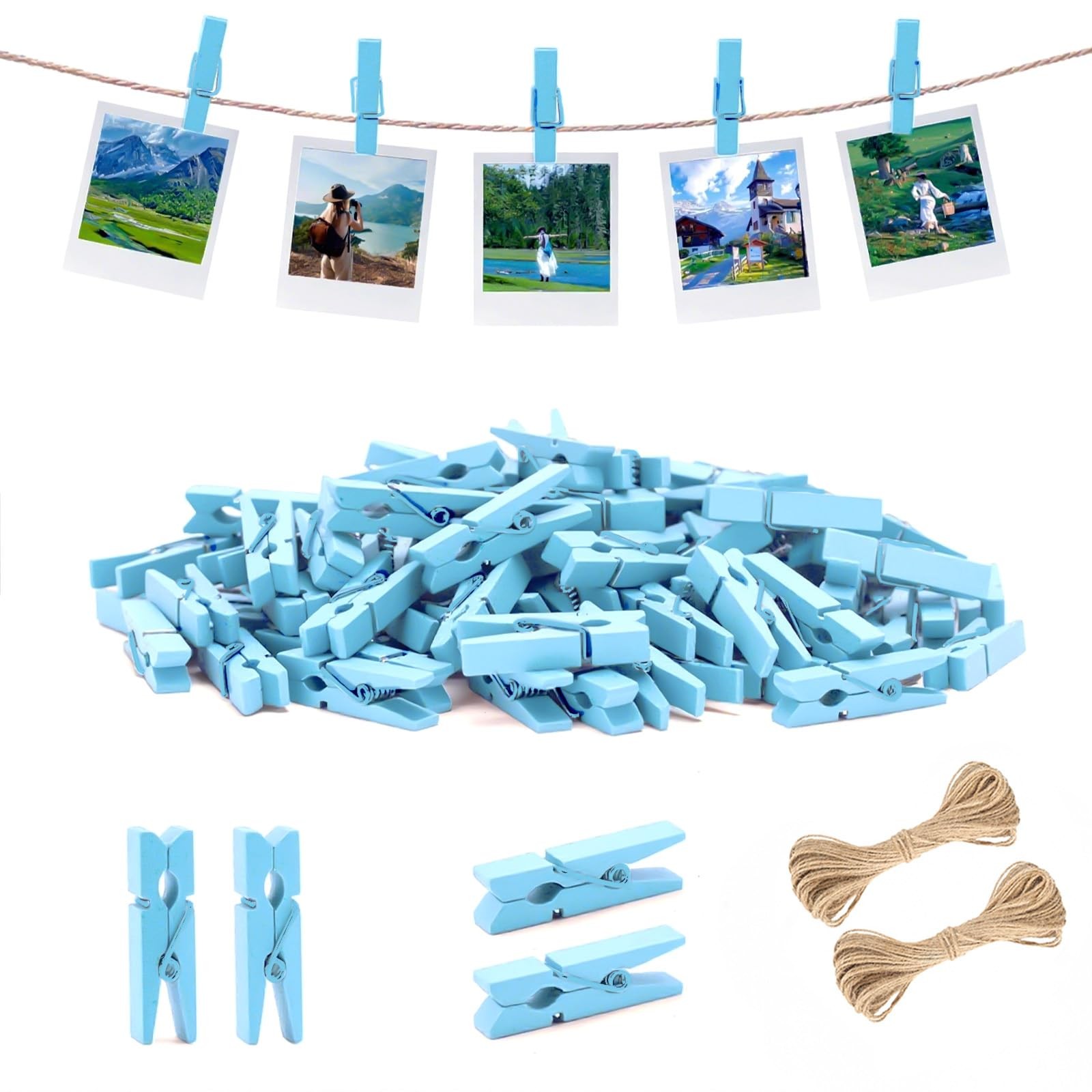 100 PCS Baby Blue Mini Wooden Clothespins String Small Photo Hanging Clips
