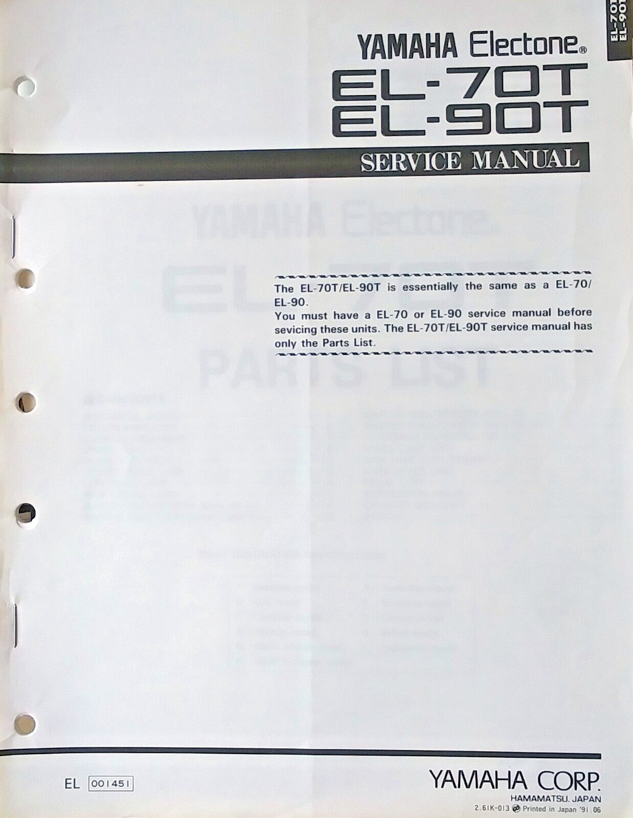 Yamaha EL-70T EL-90T Electone Organ Original Service Manual, Parts List Book.