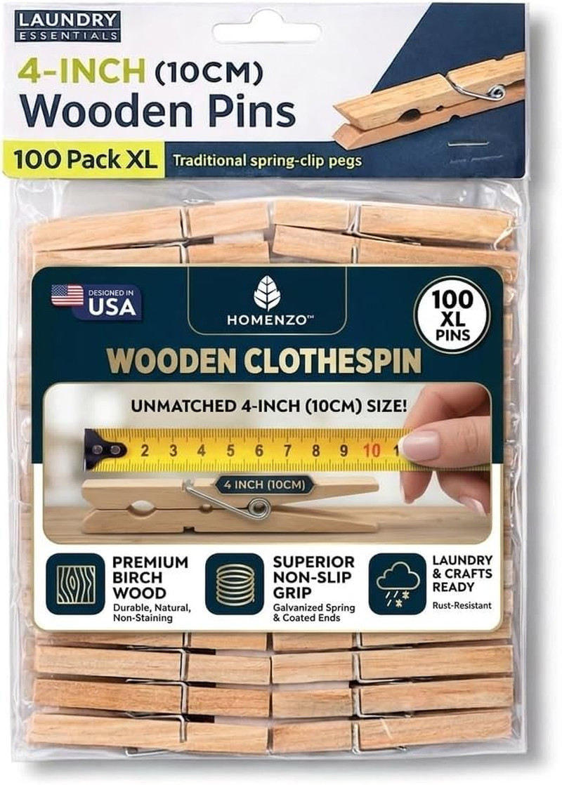 Extra Large [100 Pack] 4-Inch Wooden Clothespins Heavy Duty Outdoor | Strong Gri