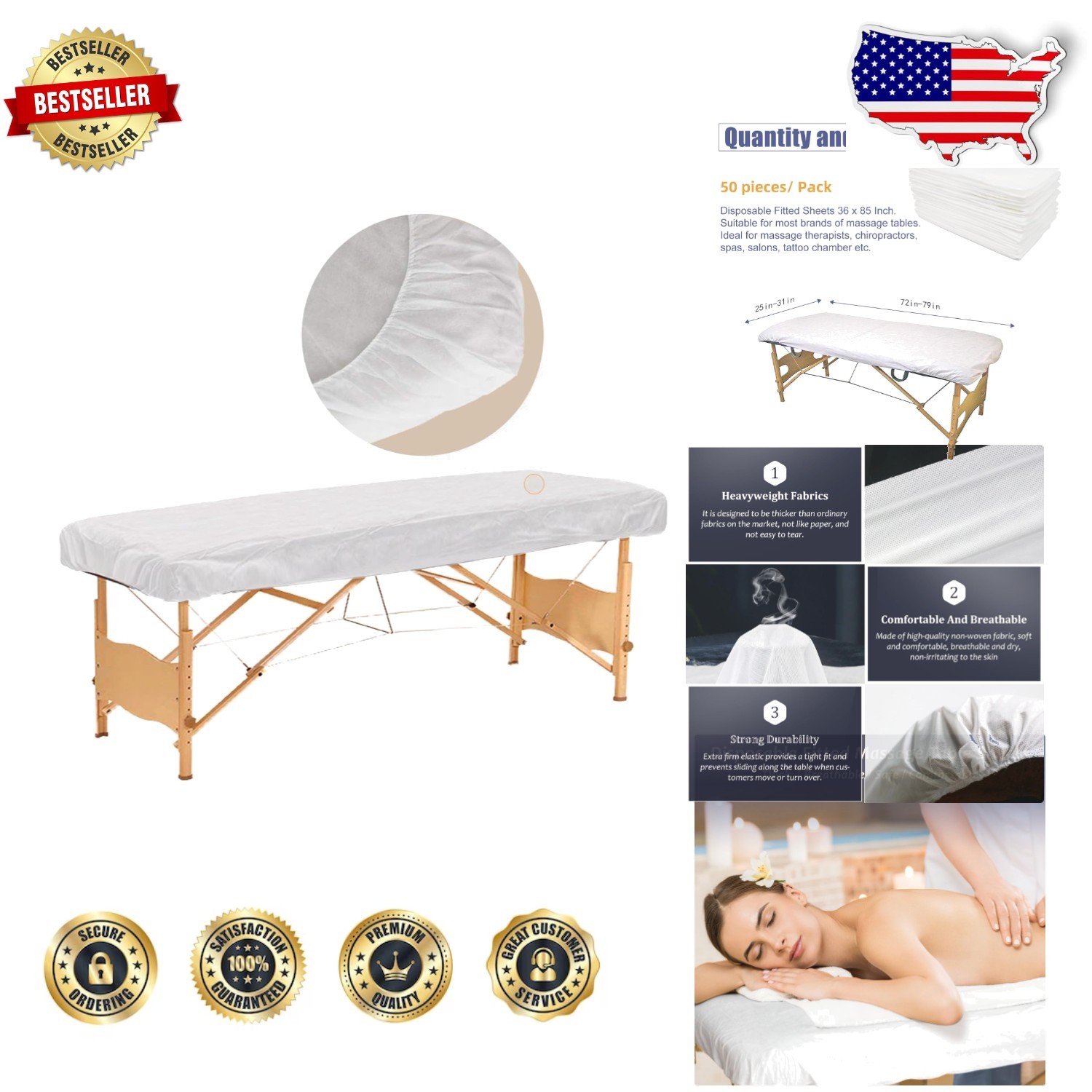 Sanitary Fitted Massage Table Sheets - 50pc Breathable Disposable Spa Bed Covers