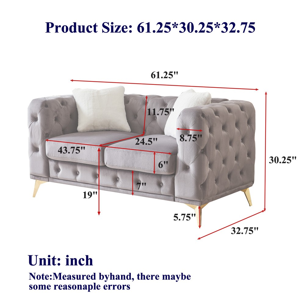 Modern Velvet Chesterfield Sofa w/ Quilted Button Accents & 2 Pillows