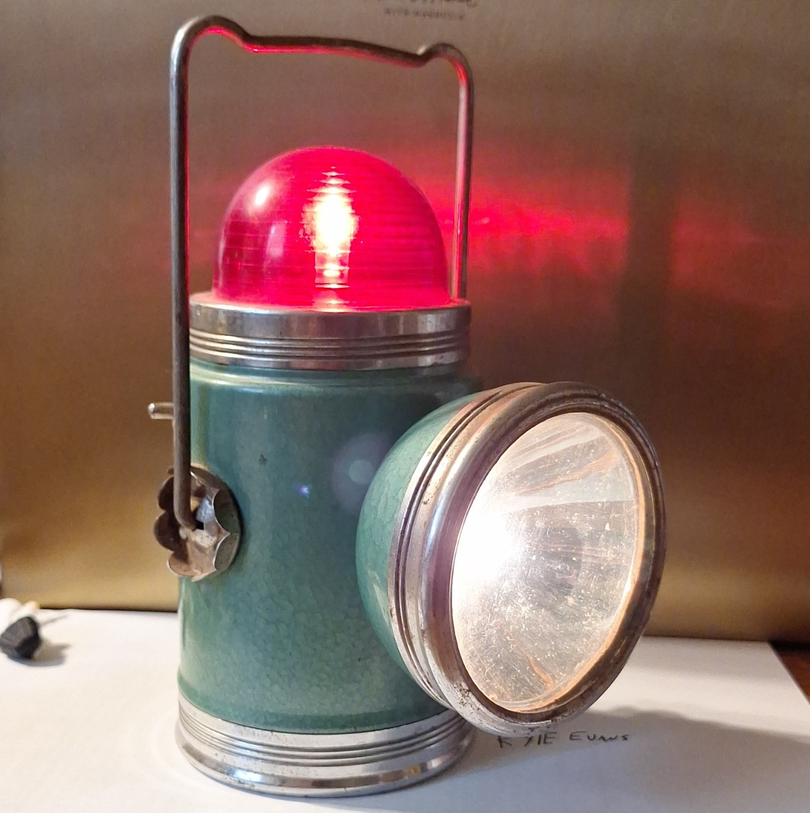 Green Metal Battery Lantern w/ Red Globe and Side Spotlight, Handheld