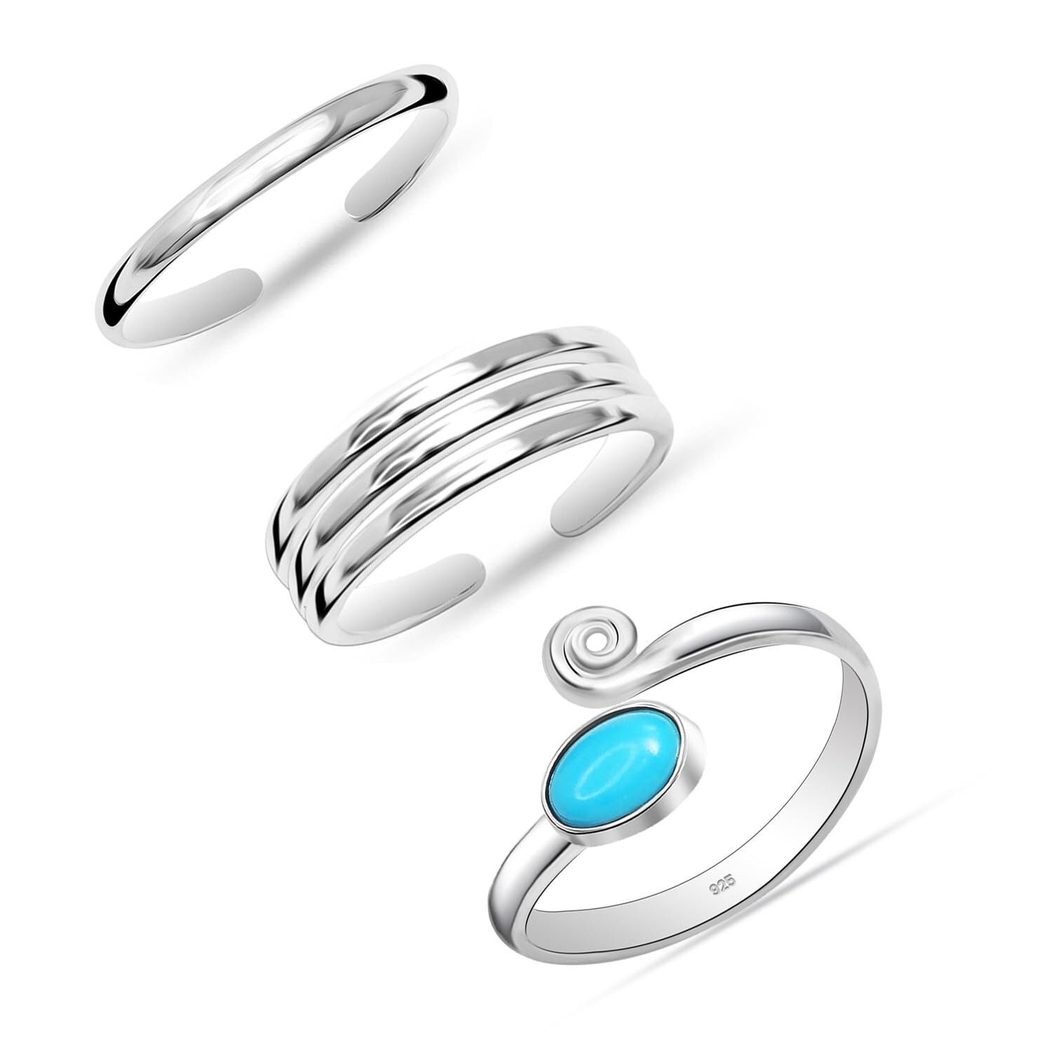 3Pcs 925 Sterling Silver Hypoallergenic Adjustable Open Cuff Rings for Women
