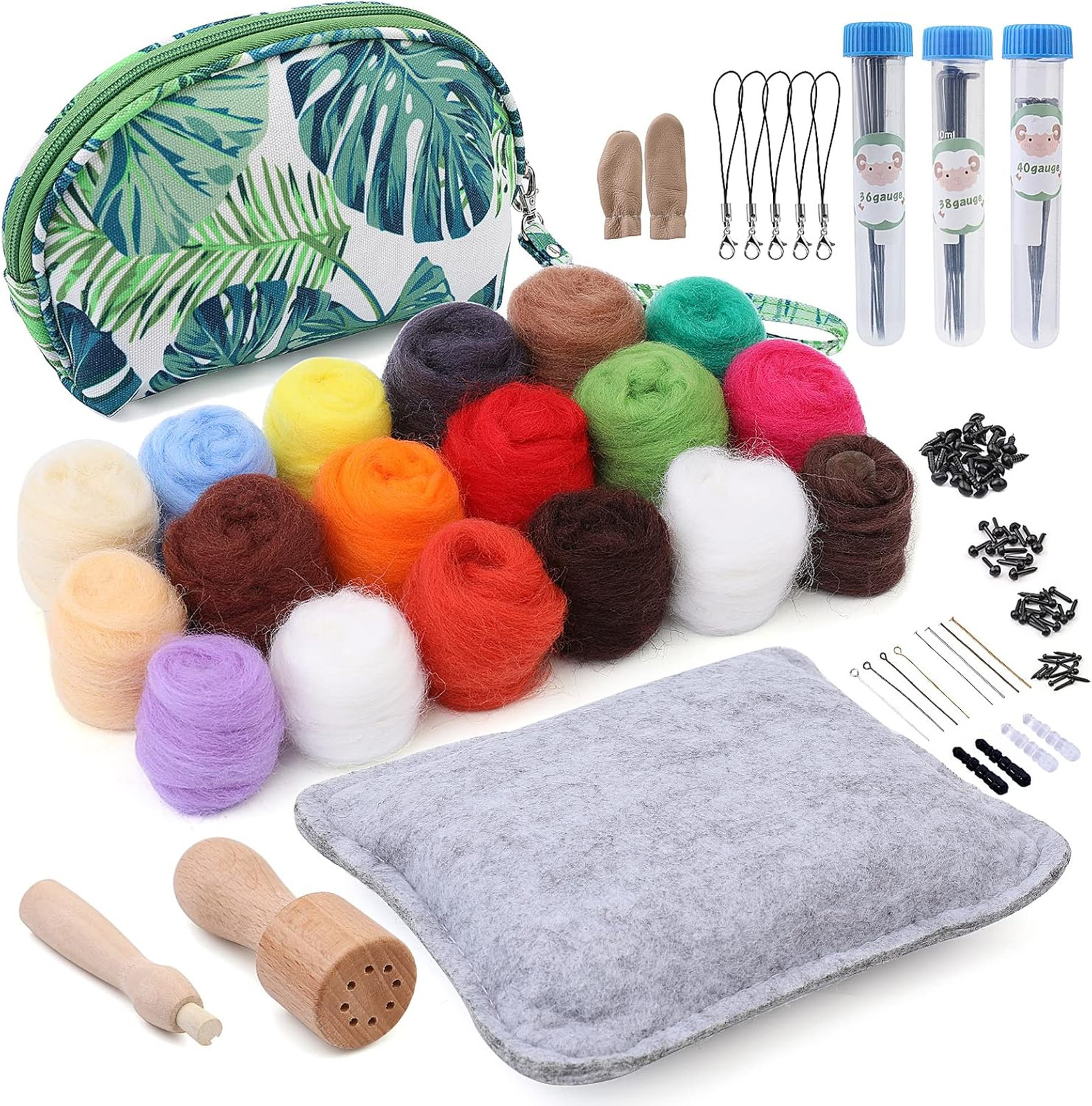 Needle Felting Kit with Wool Roving and Storage Bag, 18 Colors, Felting Tools