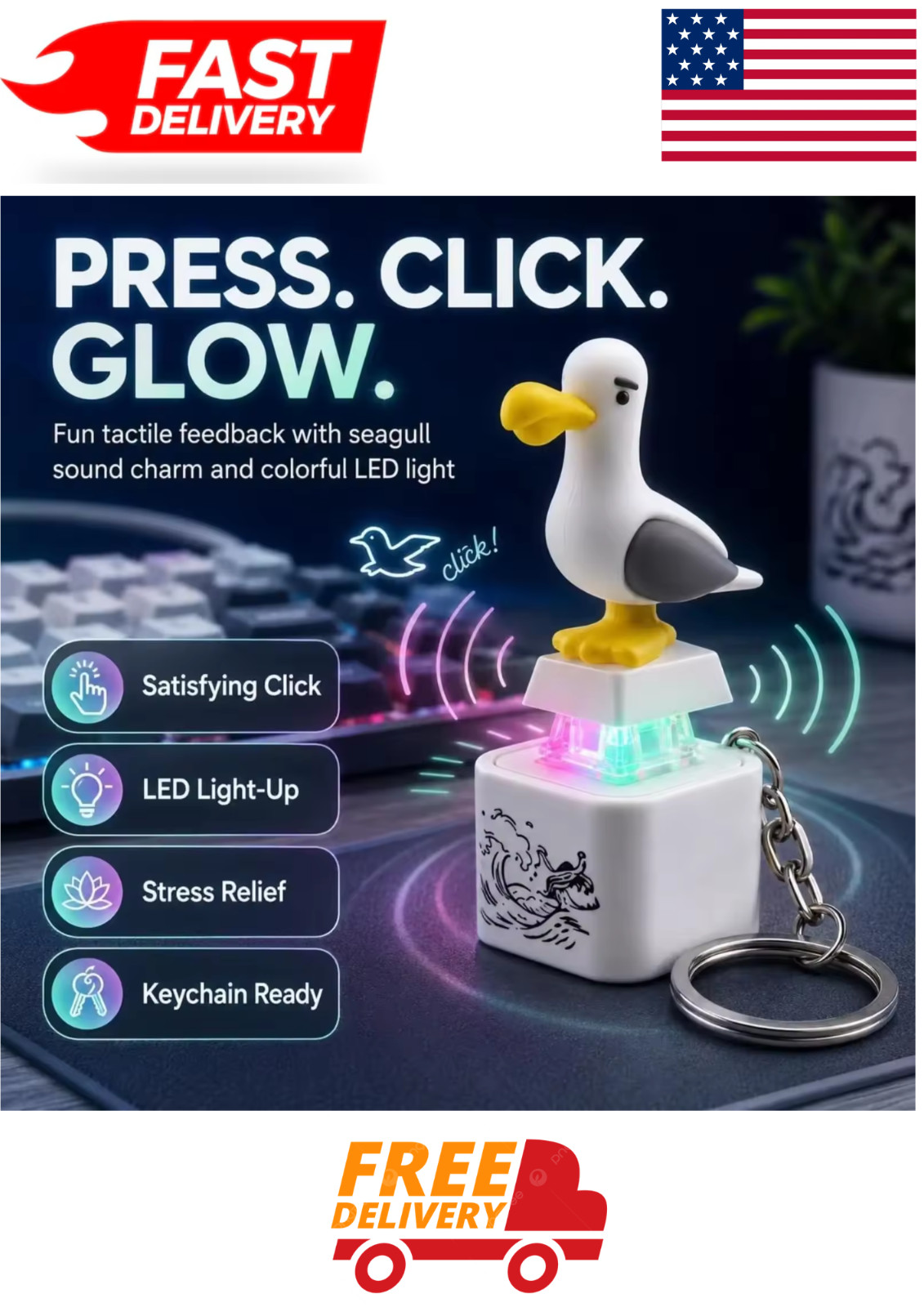 Seagull Mine Sound Button Keychain,Rechargeable Fidget Clicker with Sound&Light