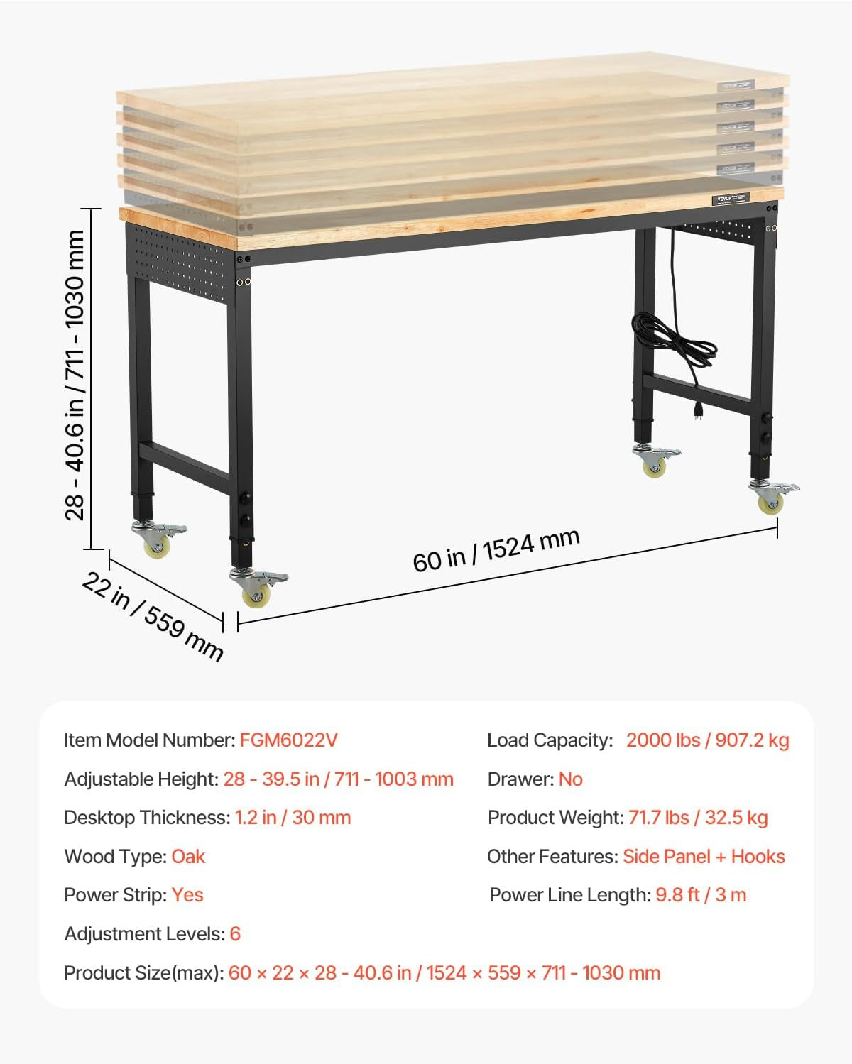 Adjustable Workbench, 60 Inch Work Bench with Power Outlet, Wheels, and Pegboard