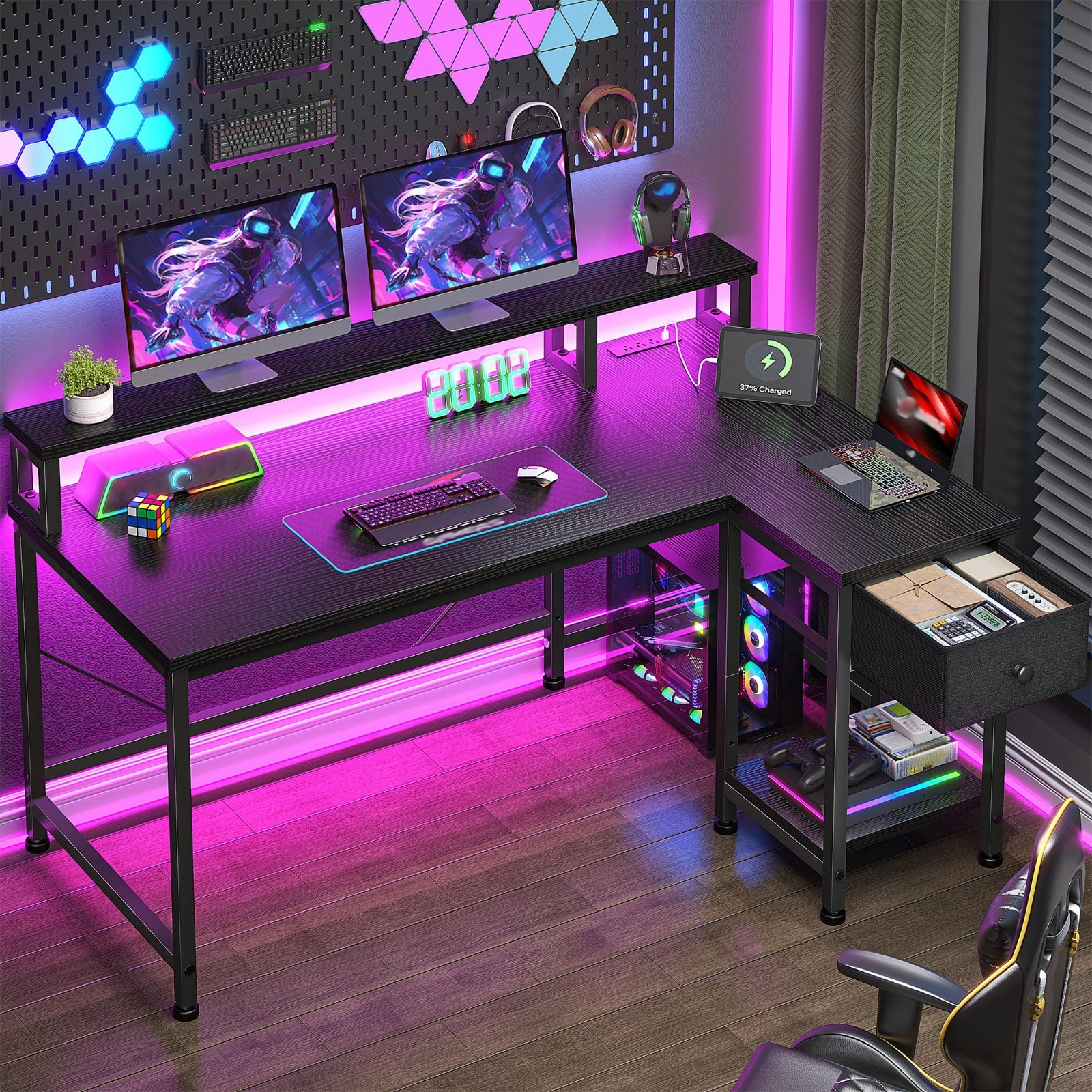 Study Table Gaming Desk 40" L Shaped Computer Desk for Small Room W/ LED Lights