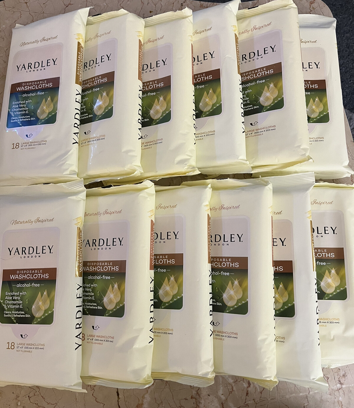 Huge Lot of 216 Yardley London Disposable Washcloths(12x18)w/Aloe Vera,Chamomile