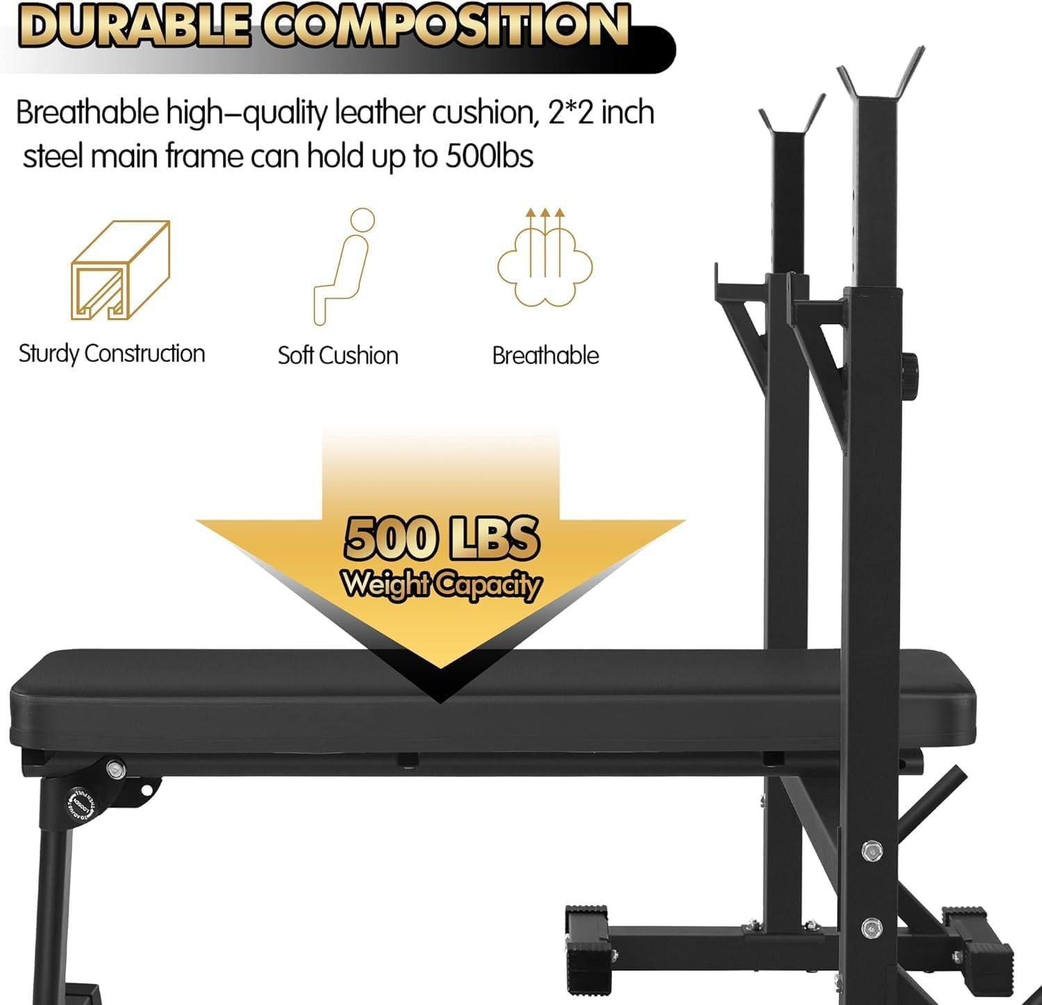 Bench Press, Olympic Weight Bench with Squat Rack Workout Bench Adjustable Barb
