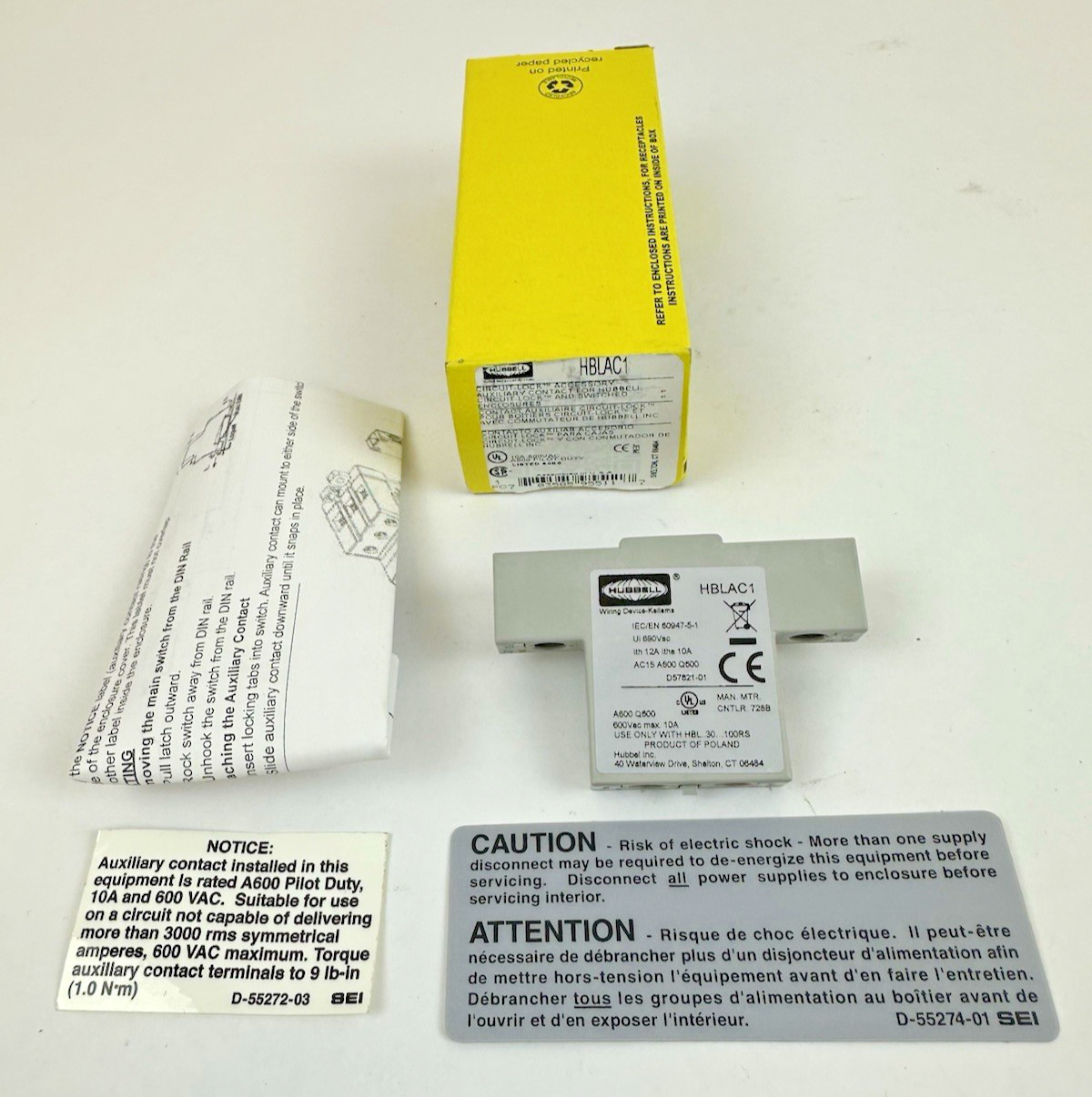 HUBBELL HBLAC1 CIRCUIT-LOCK AUXILIARY CONTACT 10A 600VAC