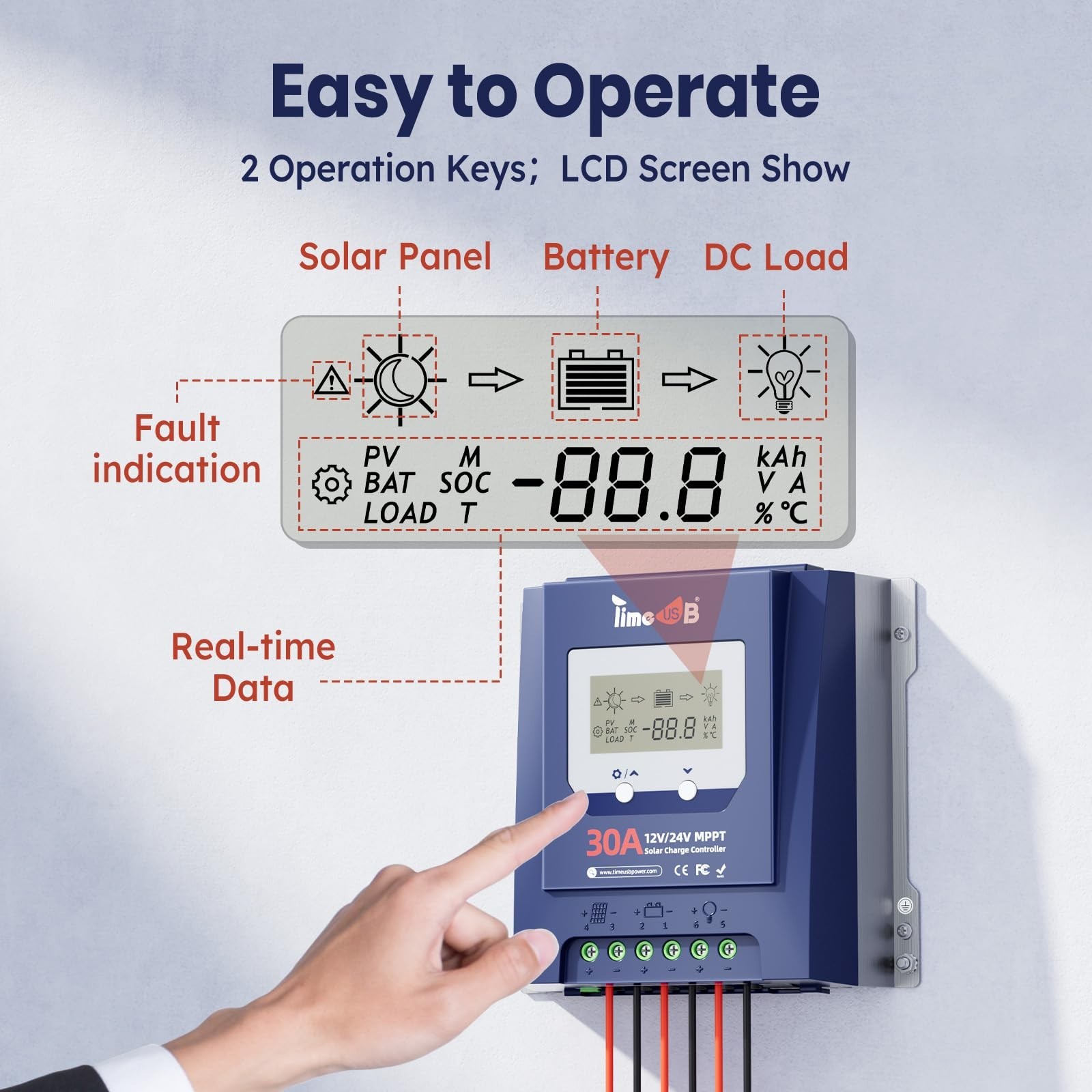 Timeusb 30 Amp MPPT 12V/24V/Auto DC Input Solar Charge Controller, 99% MPPT T...