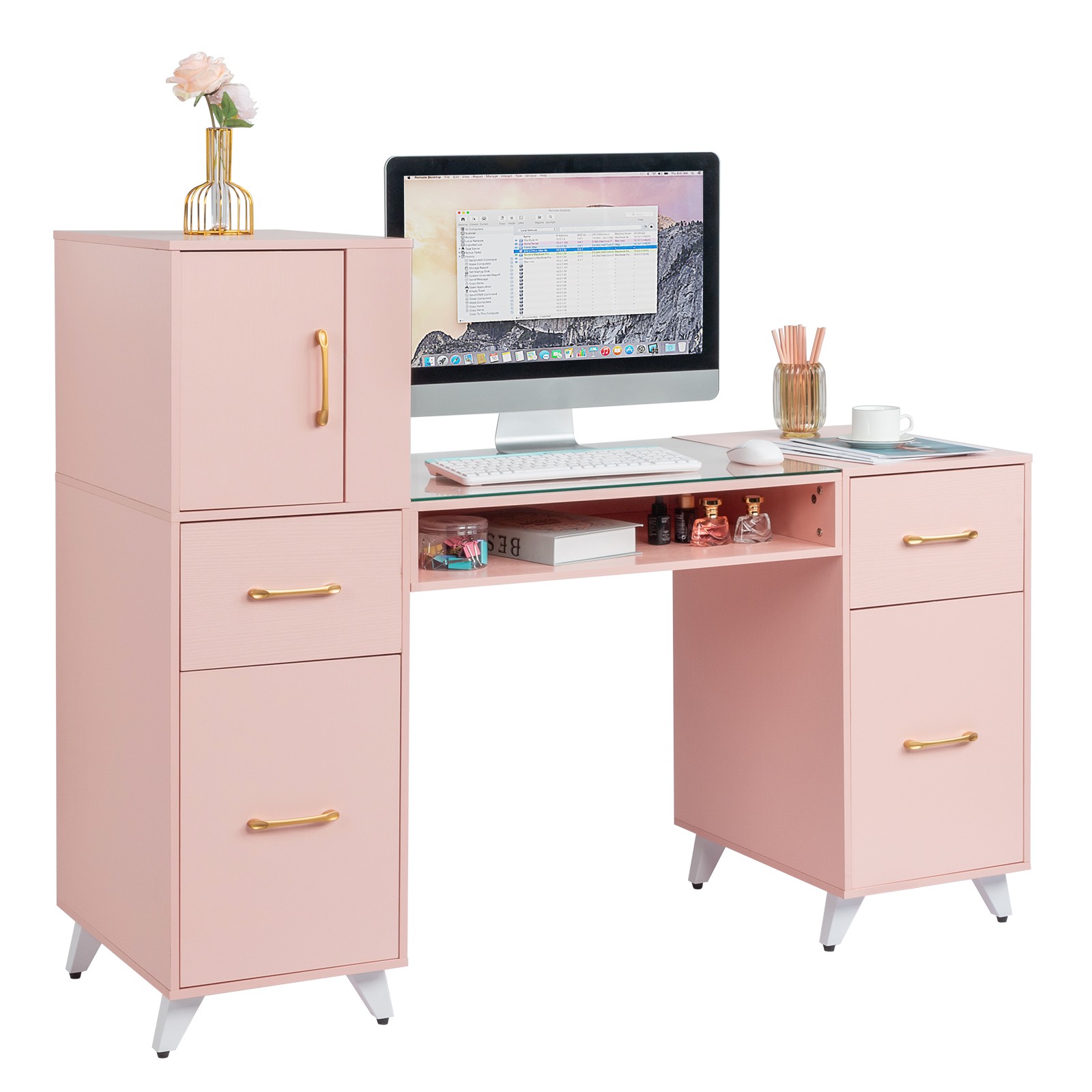 Pink Relief Nail Table w/ 3 Doors & 2 Drawers, Particle Board & Tempered Glass