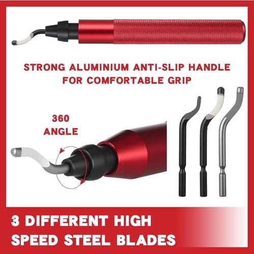 3-Piece Hand Deburring Tool Set with Countersink Reamer & 15 HSS Blades for Meta