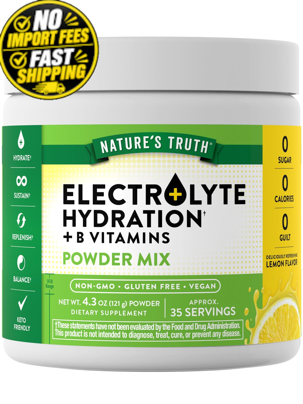 Nature's Truth Electrolytes Powder | No Sugar | with B 4.3 Ounce (Pack of 1)