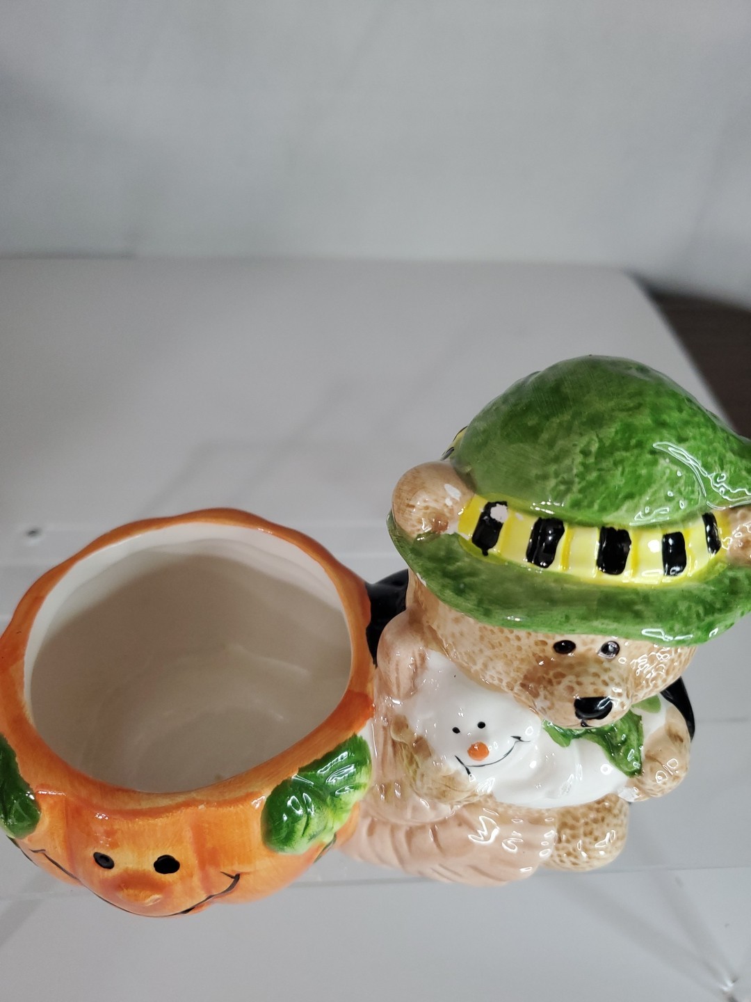 Halloween Witch Bear Holding Ghost Pumpkin Planter Ceramic Centerpiece Decor