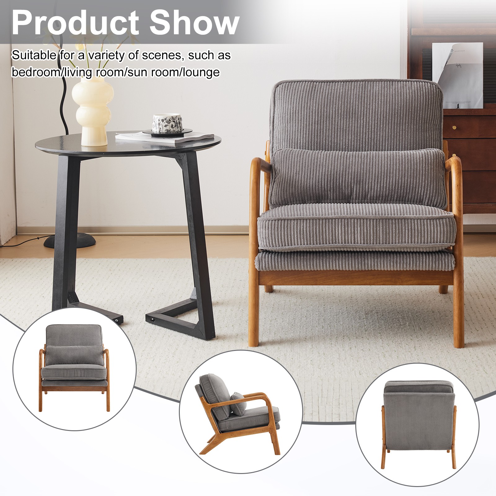 Light Gray Corduroy Upholstered Indoor Lounge Chair (330LBS Weight Capacity)