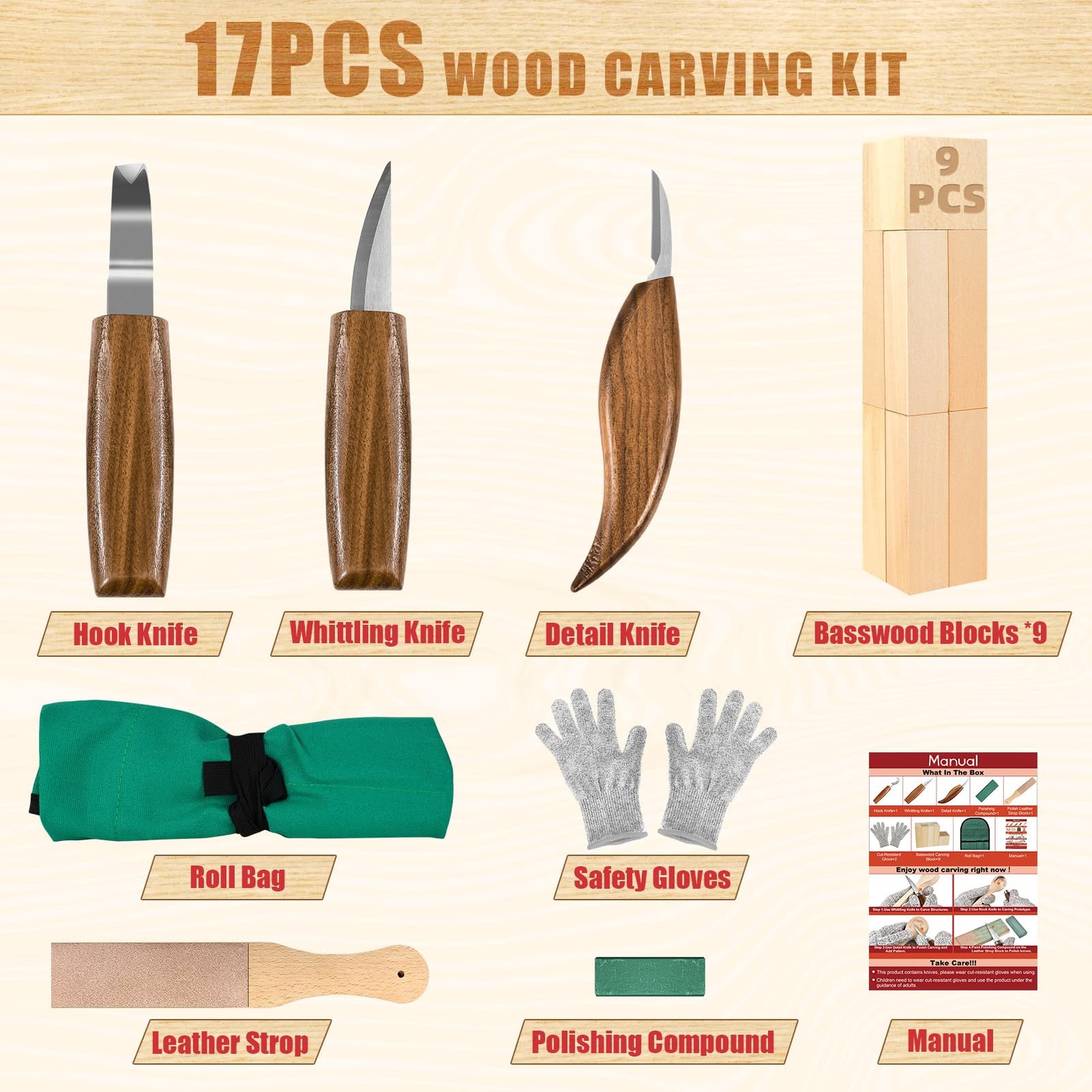 Wood Carving Kit, Whittling Kit for Beginners 17PCS Tools 17 pcs