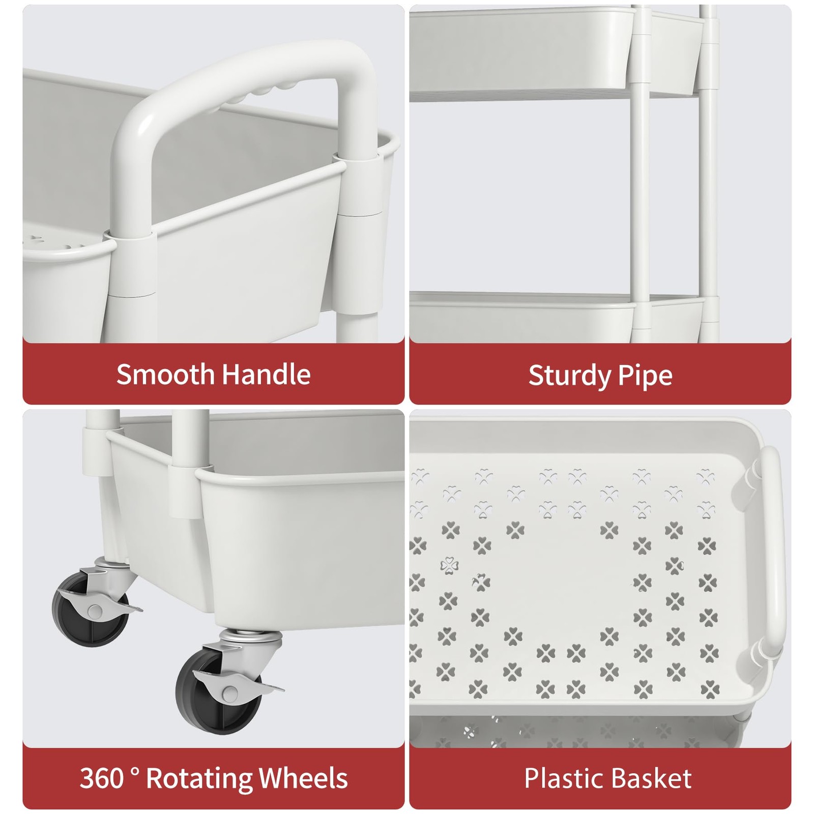 3-Tier Plastic Rolling Utility Cart with Wheels for Storage,White