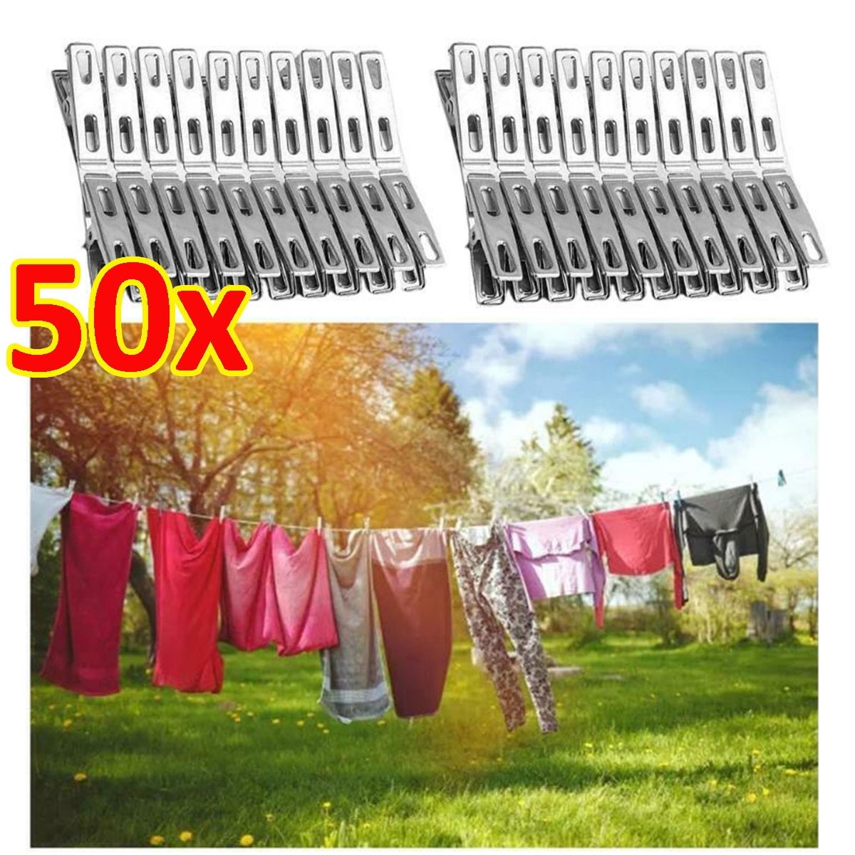 50x Large Stainless Steel Clothes Pegs Hanging Pins Windproof Clips Laundry Hook