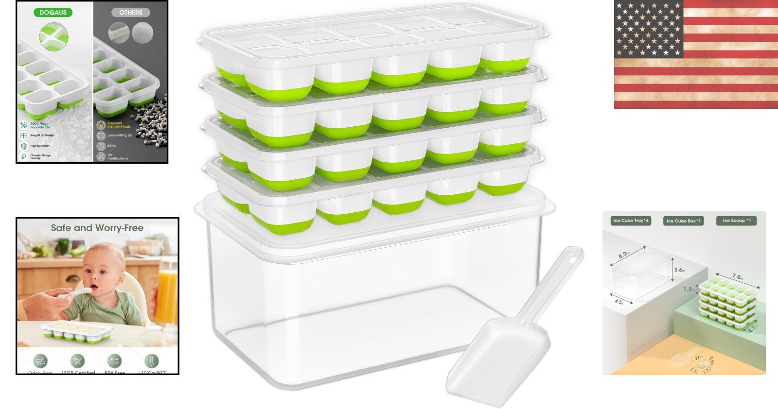 Complete Ice System: 4 Pack Stackable Silicone Ice Trays for Cocktails & Coffee