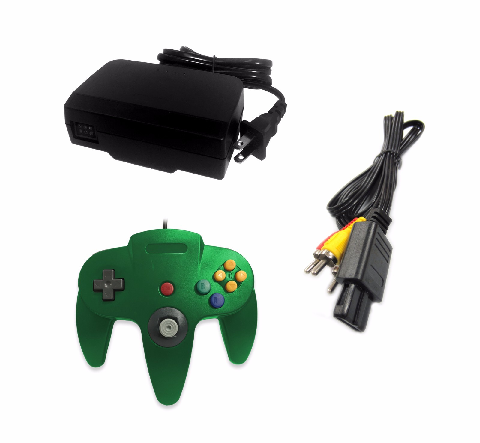 AC Adapter + Green Controller + AV Cable Cord Bundle for Nintendo 64 N64