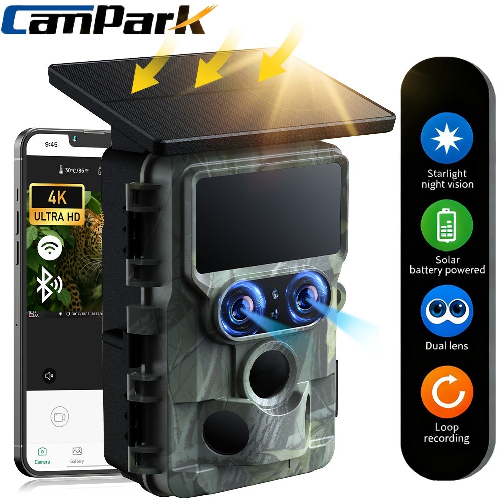 Campark 4K UHD 60MP WiFi Trail Camera Solar Powered Dual lens Night Vision US