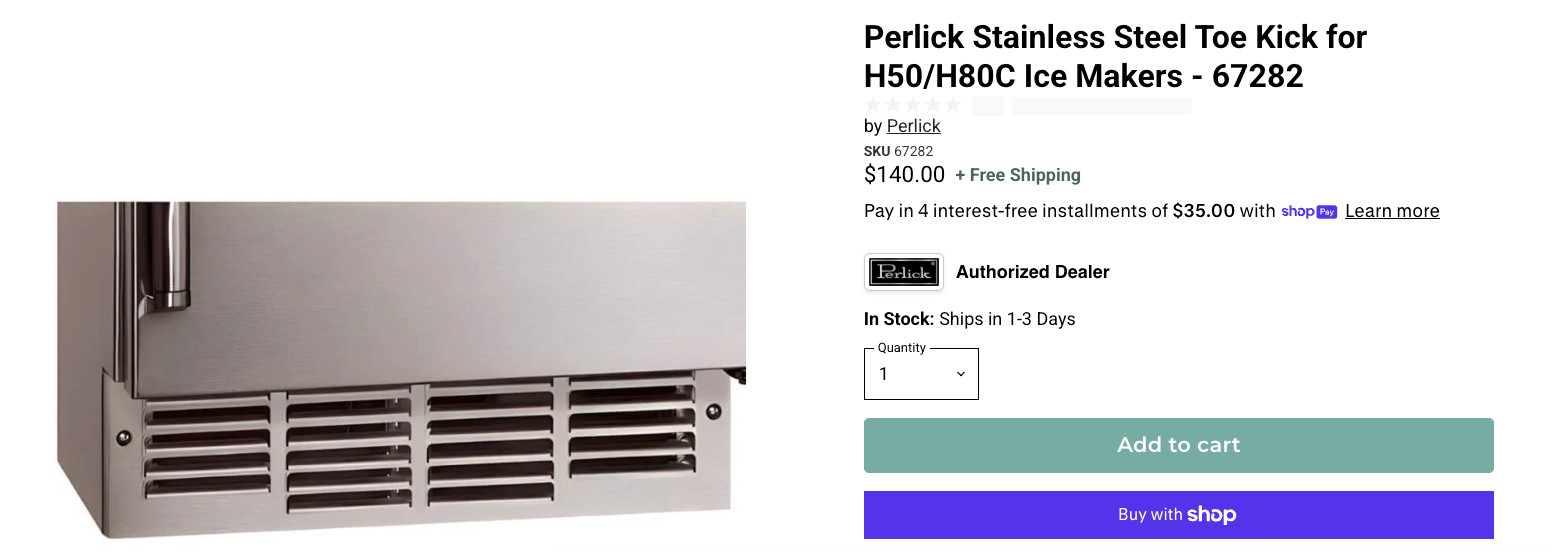 Perlick 67282 Toe Kick for H50 and H80C Ice Makers Appliance STAINLESS STEEL New